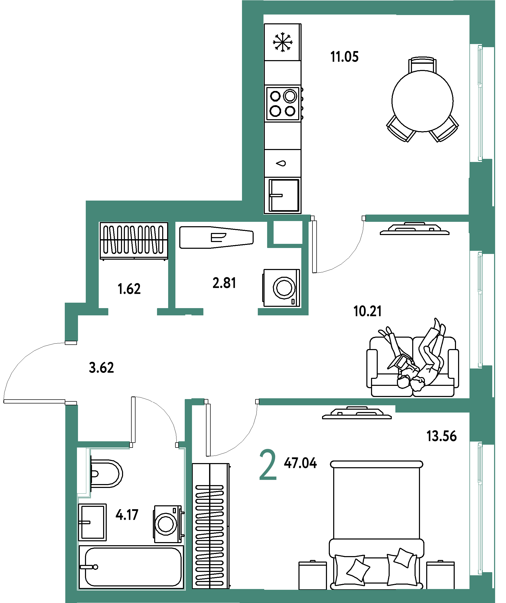 ЖК "Сердце Сибири"-2-комнатная 47.04 м²