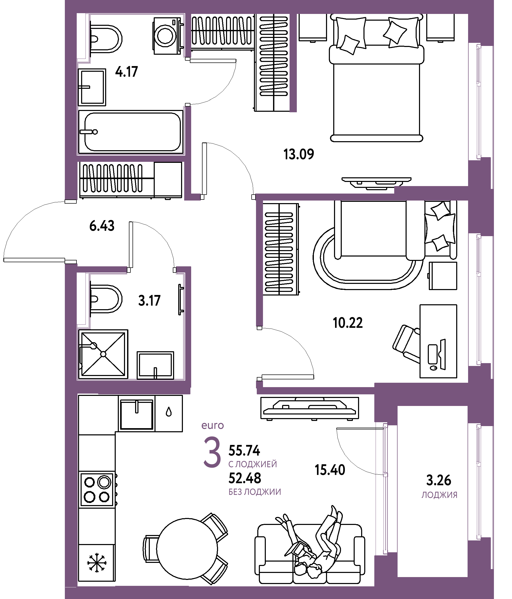 ЖК "Сердце Сибири"-3-комнатная 55.74 м²