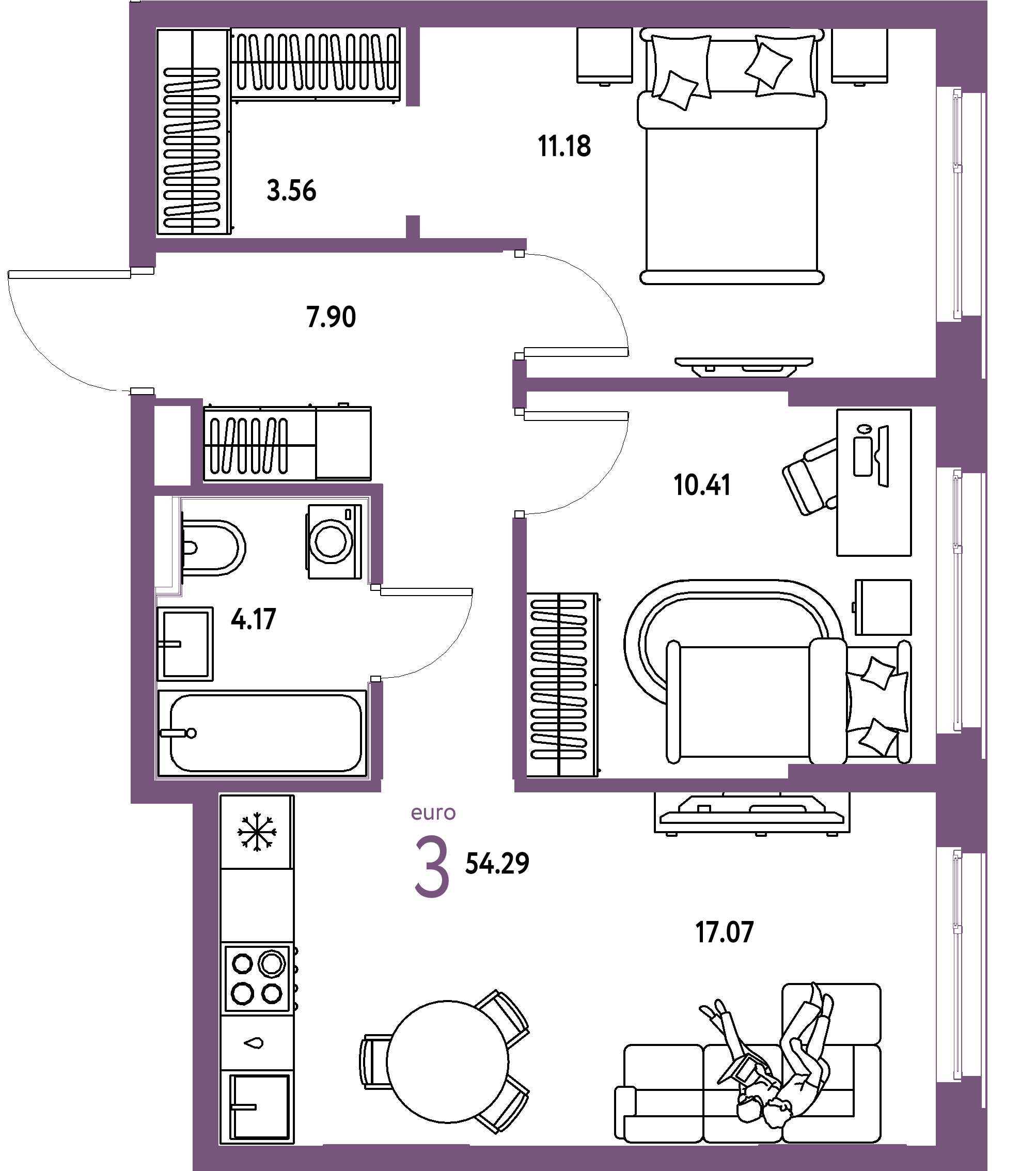 ЖК "Сердце Сибири"-3-комнатная 54.29 м²