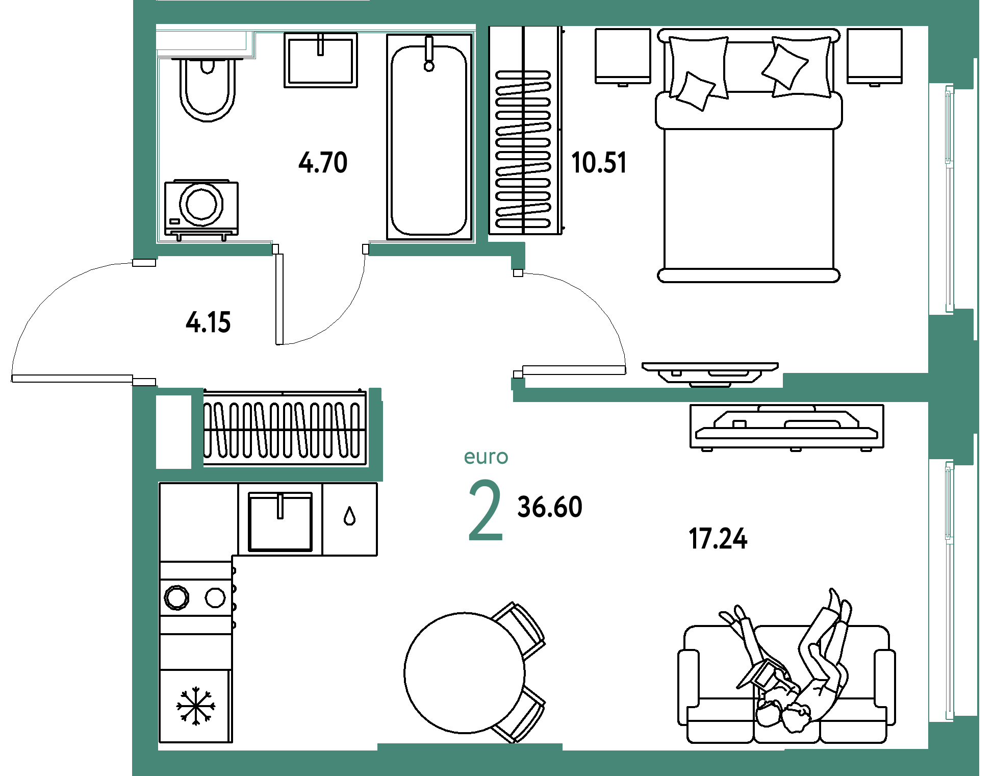 ЖК "Сердце Сибири"-2-комнатная 36.6 м²