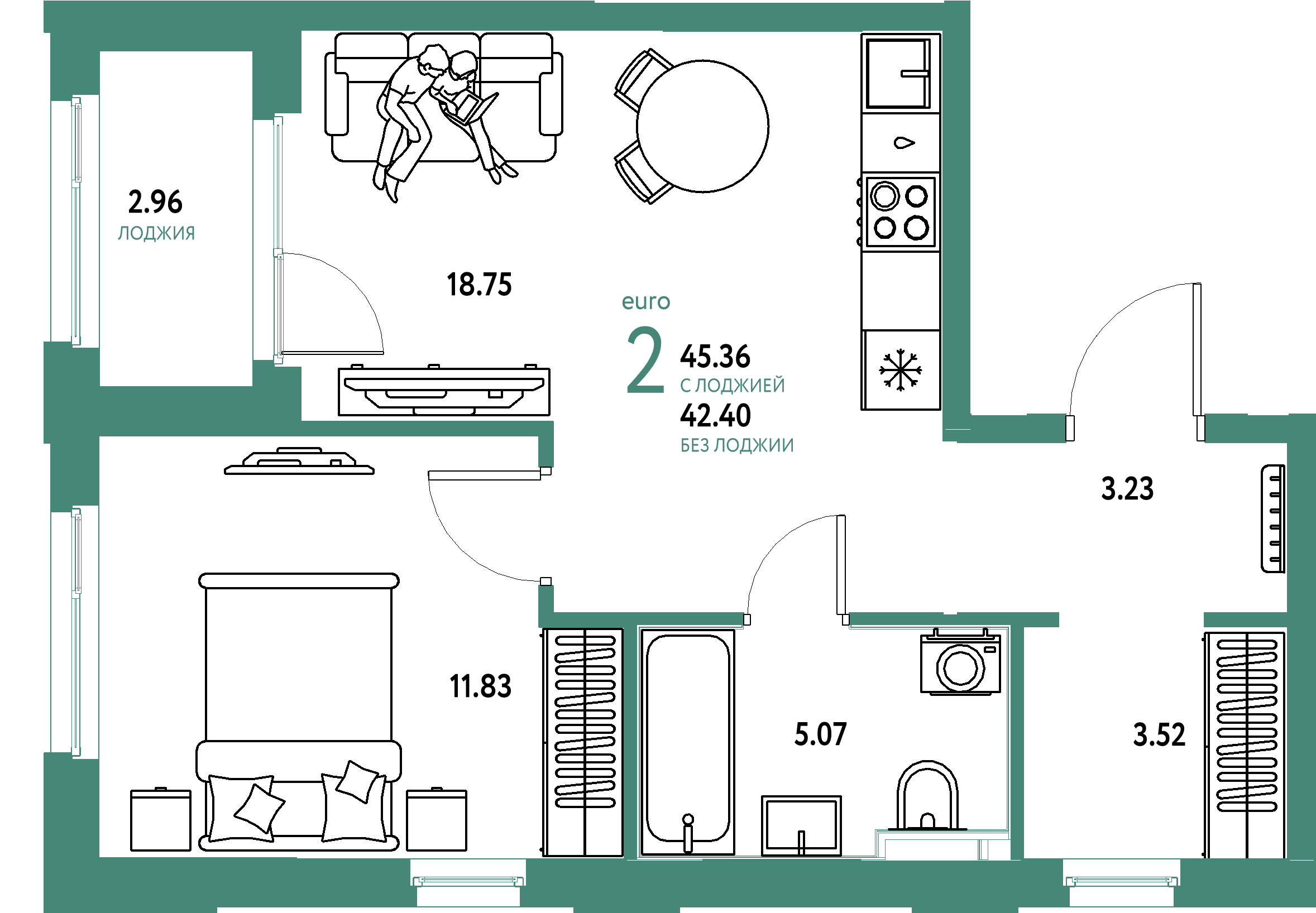 ЖК "Сердце Сибири"-2-комнатная 45.36 м²