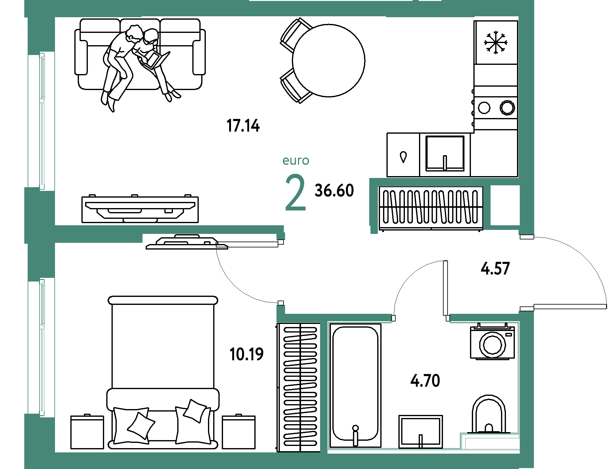ЖК "Сердце Сибири"-2-комнатная 36.6 м²