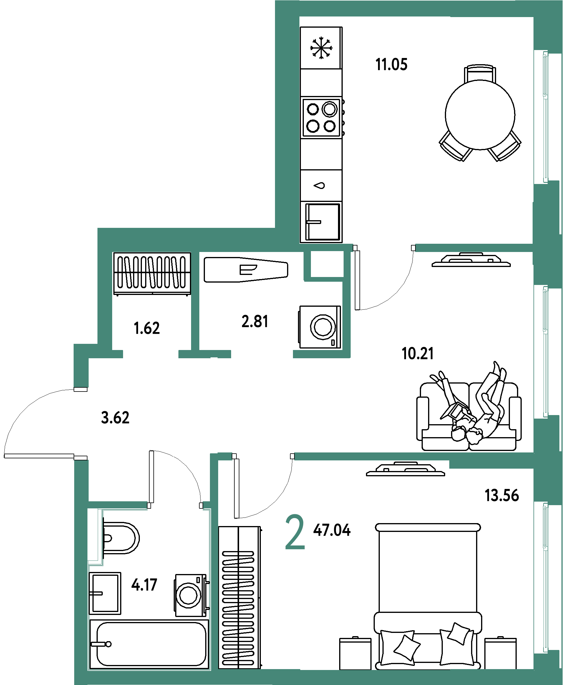 ЖК "Сердце Сибири"-2-комнатная 47.04 м²
