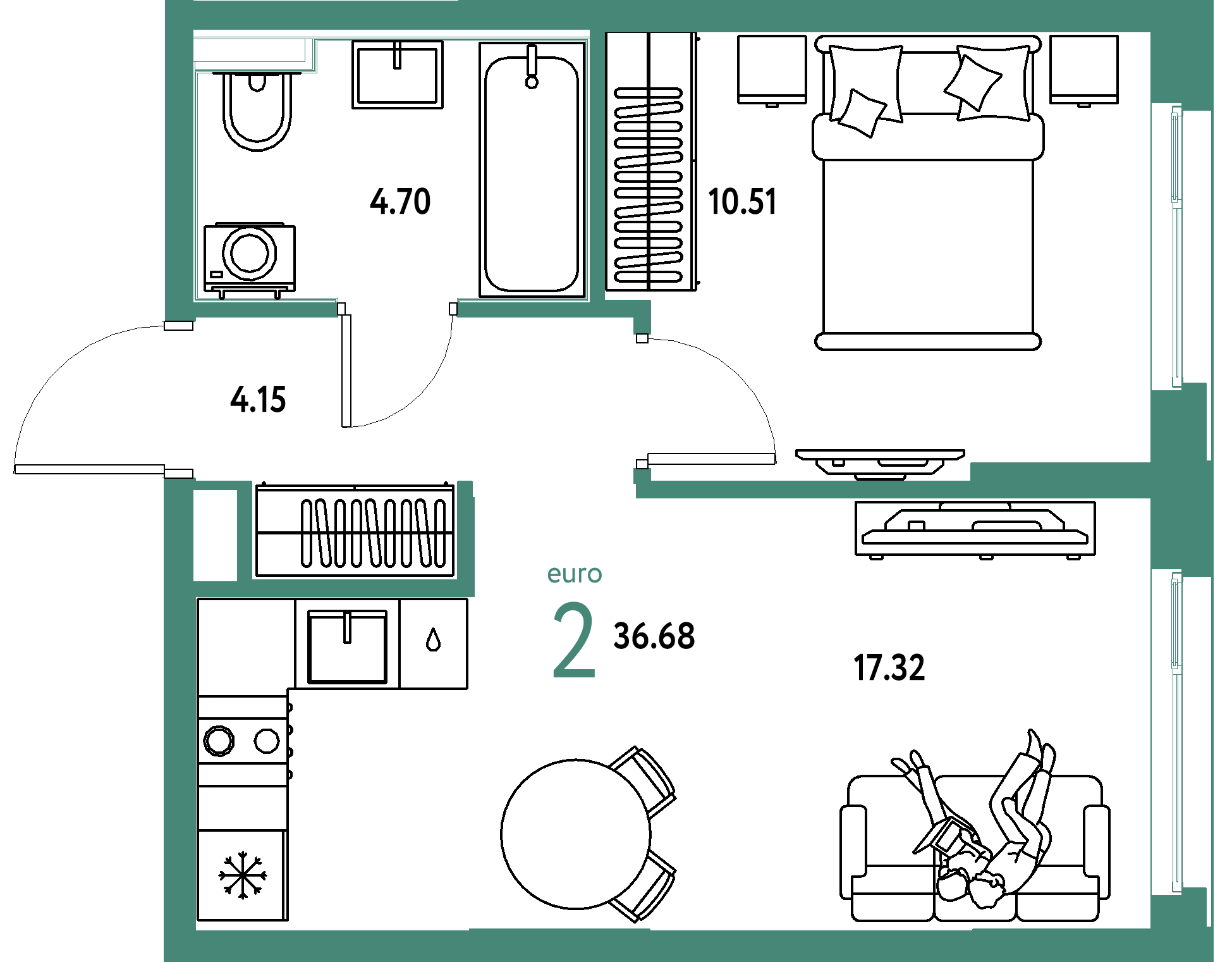 ЖК "Сердце Сибири"-2-комнатная 36.68 м²