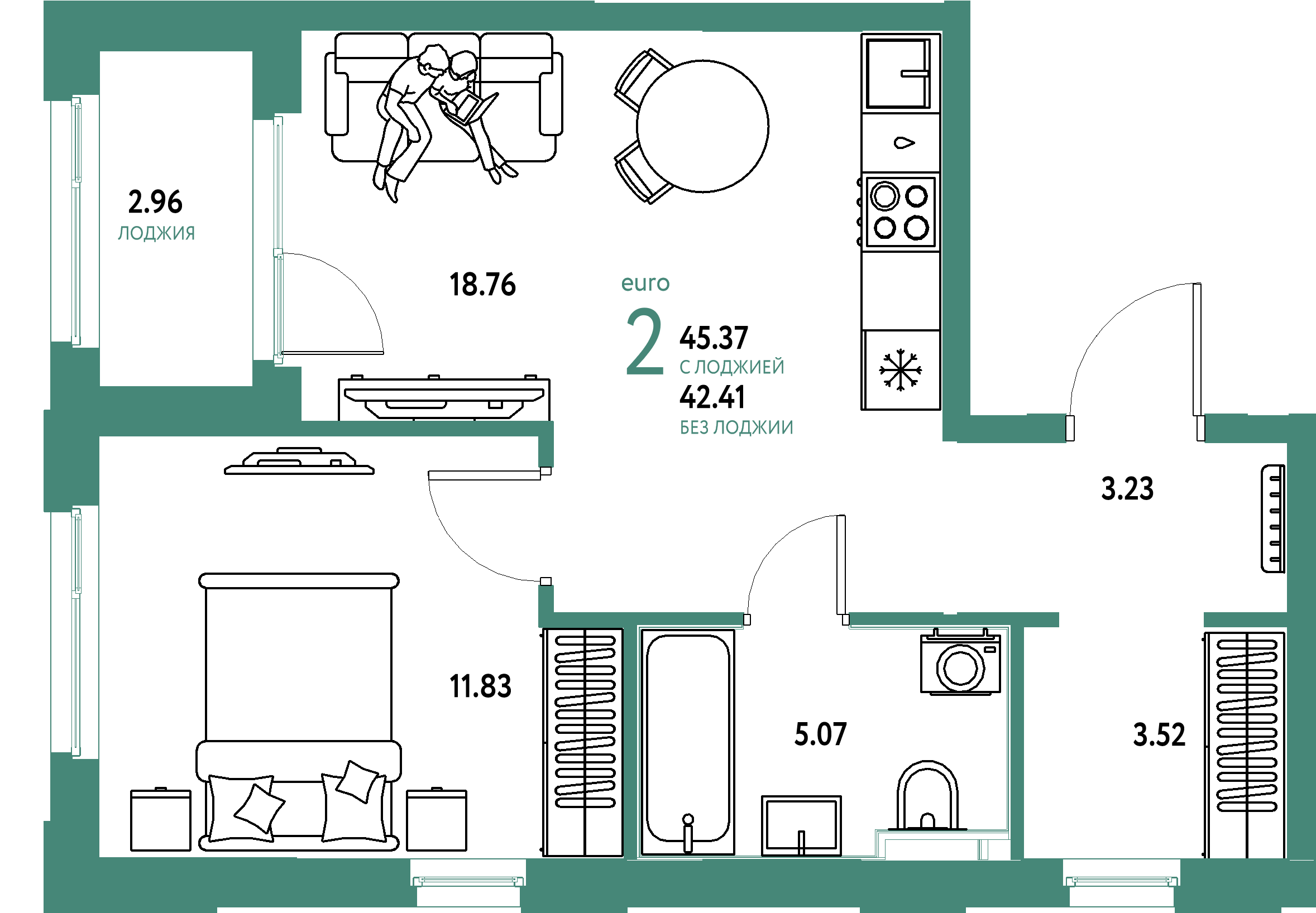 ЖК "Сердце Сибири"-2-комнатная 45.37 м²