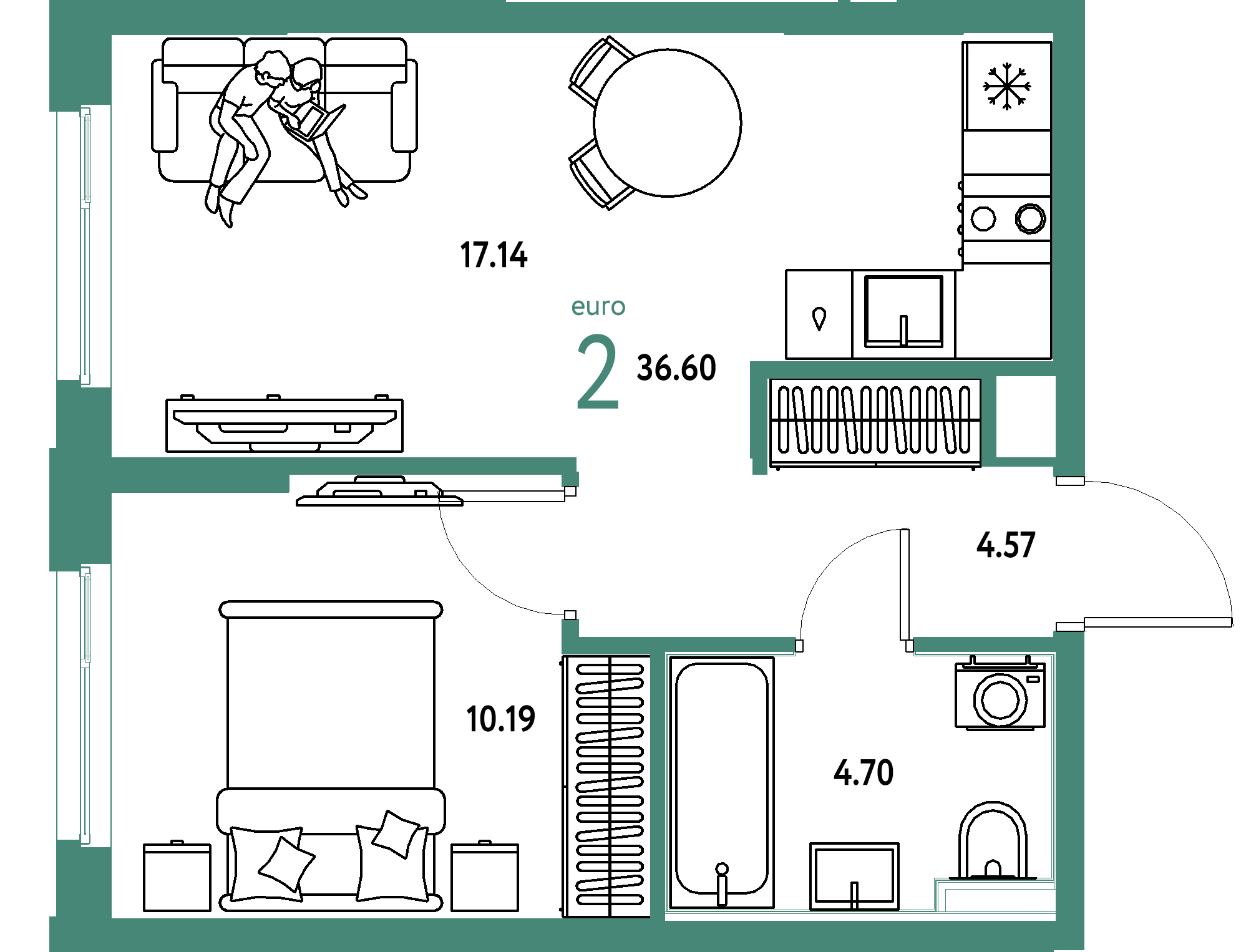 ЖК "Сердце Сибири"-2-комнатная 36.6 м²