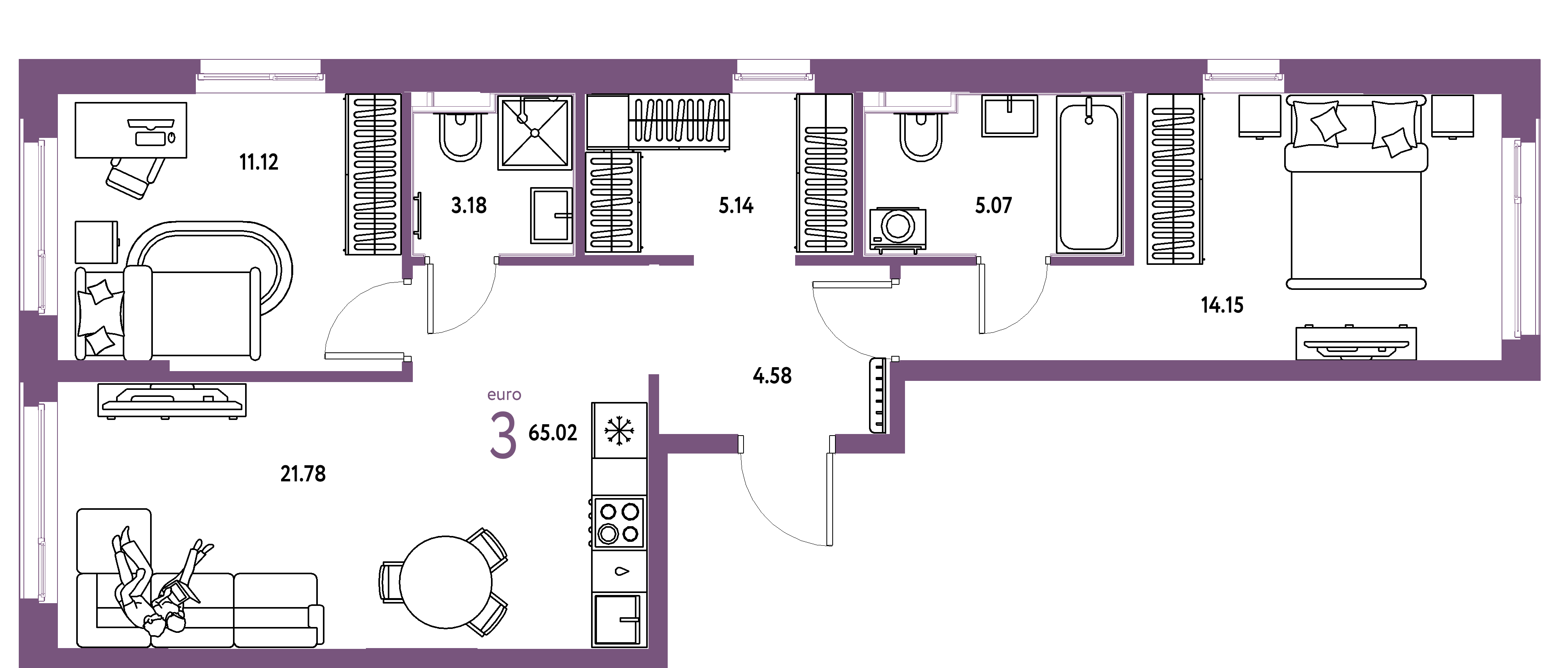 ЖК "Сердце Сибири"-3-комнатная 65.02 м²