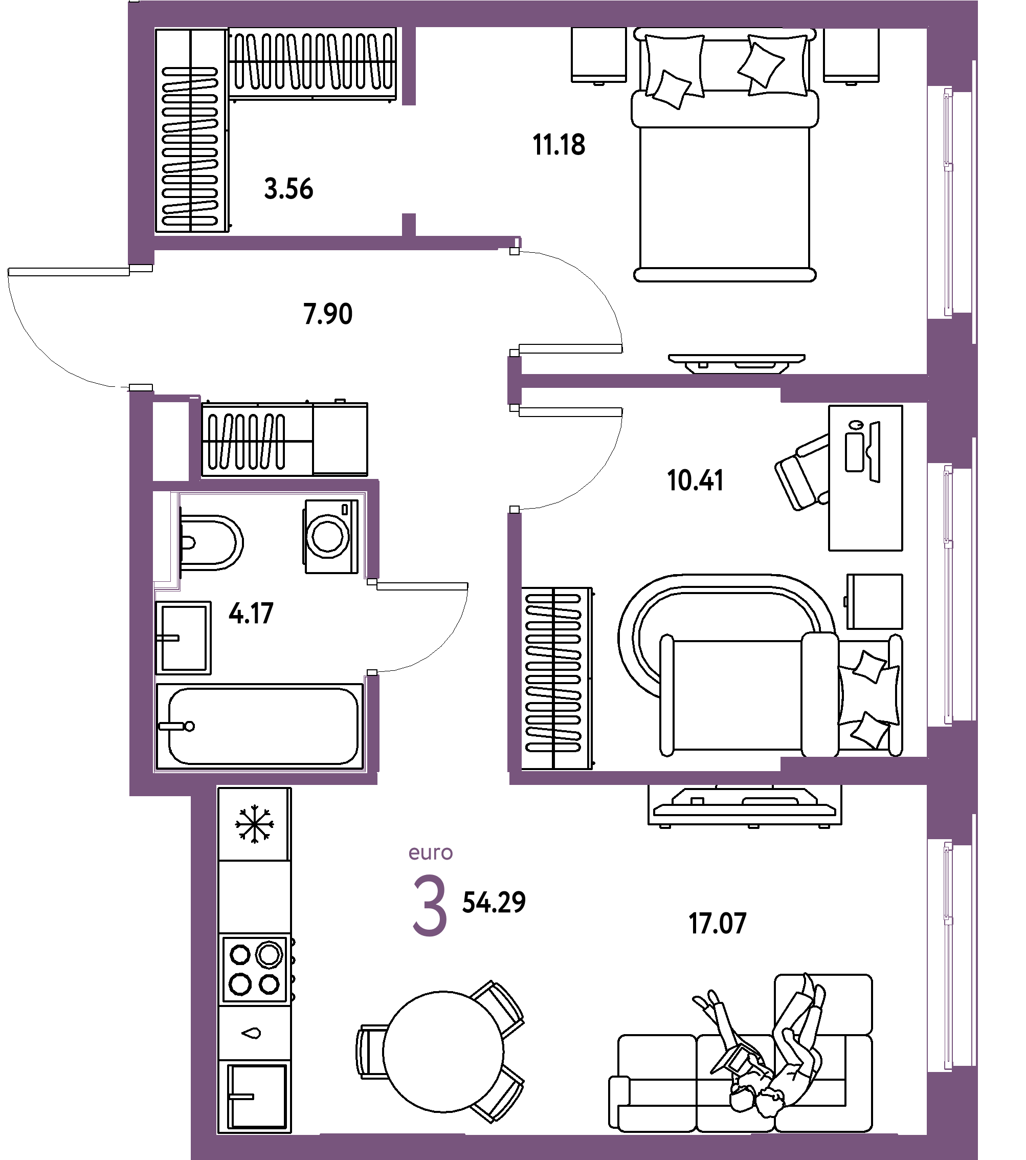 ЖК "Сердце Сибири"-3-комнатная 54.29 м²
