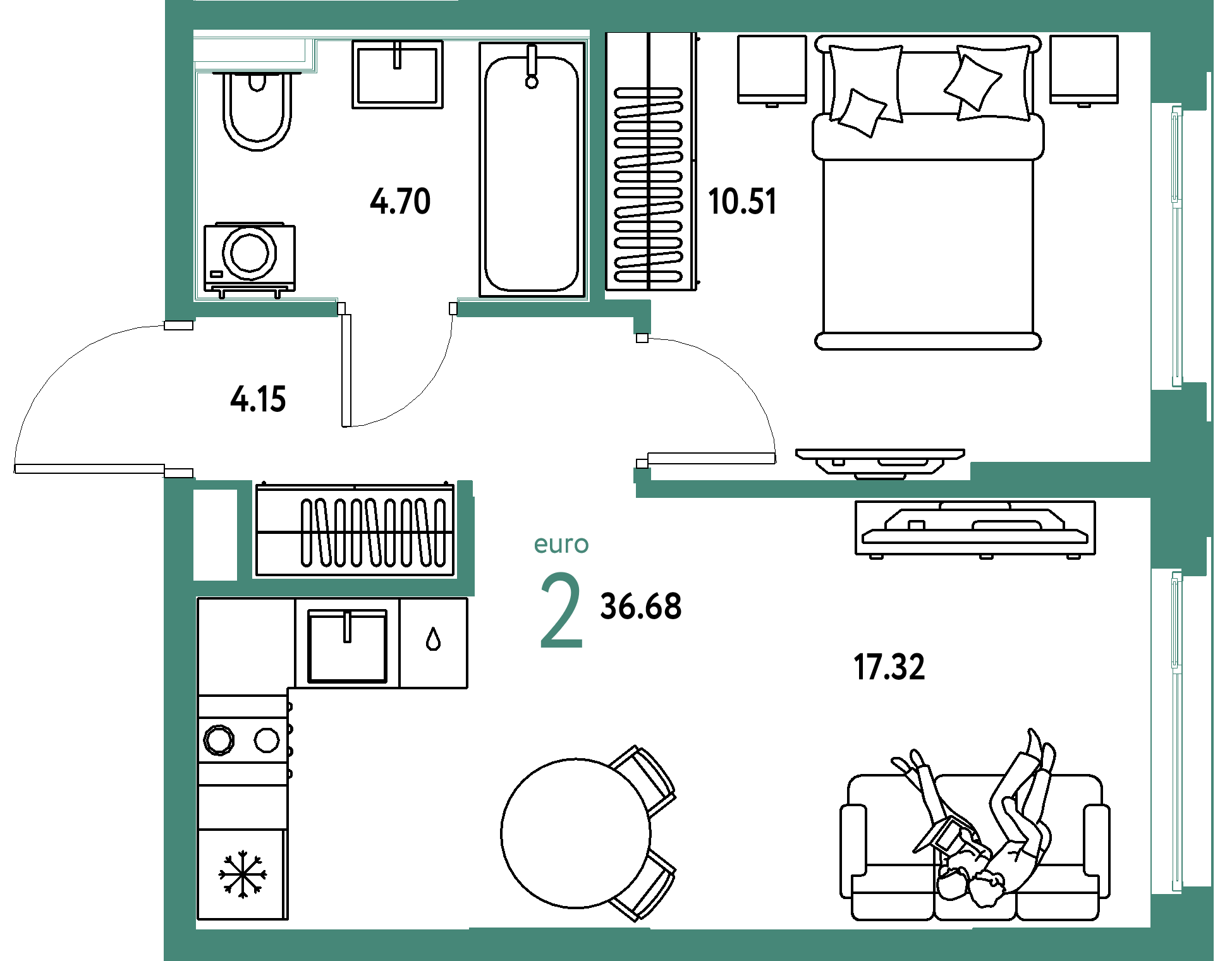 ЖК "Сердце Сибири"-2-комнатная 36.68 м²