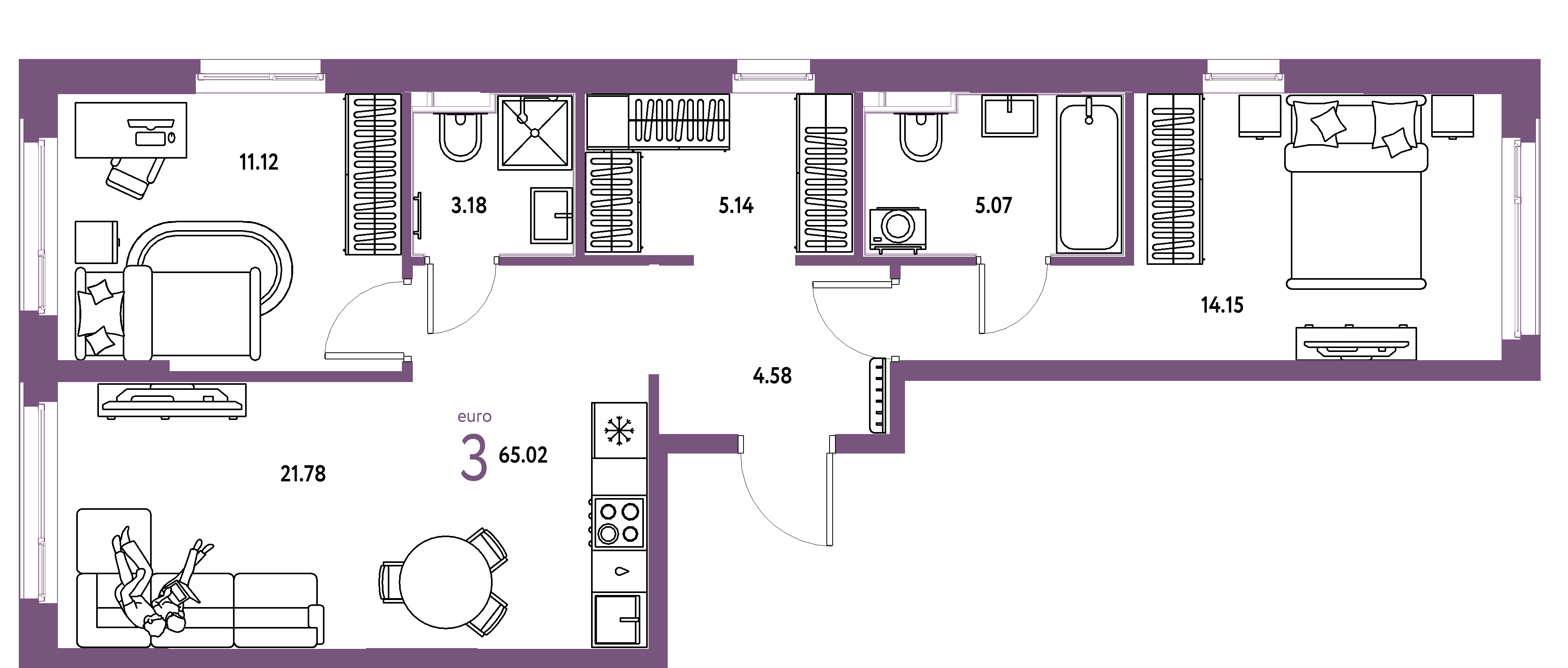 ЖК "Сердце Сибири"-3-комнатная 65.02 м²