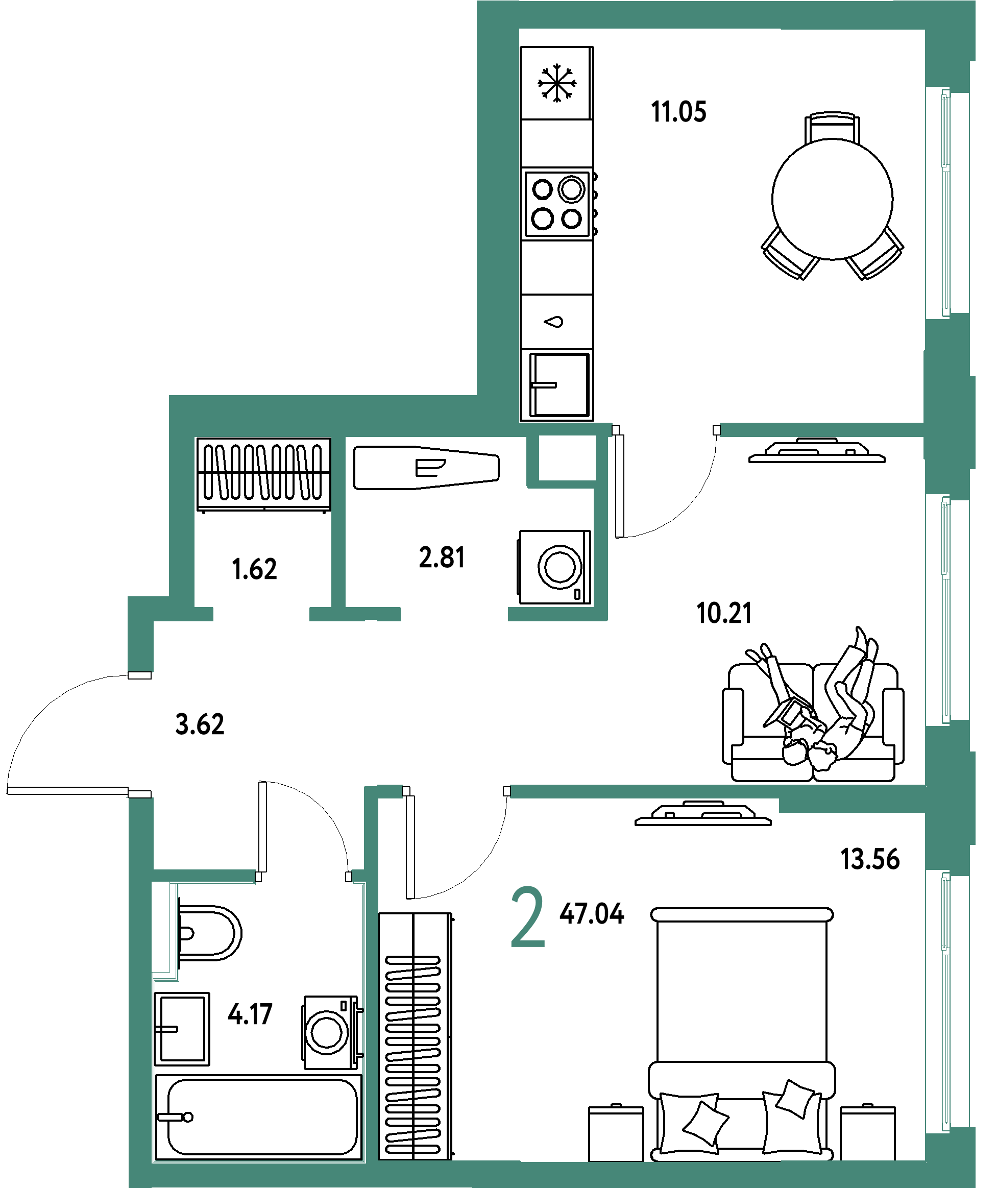 ЖК "Сердце Сибири"-2-комнатная 47.04 м²
