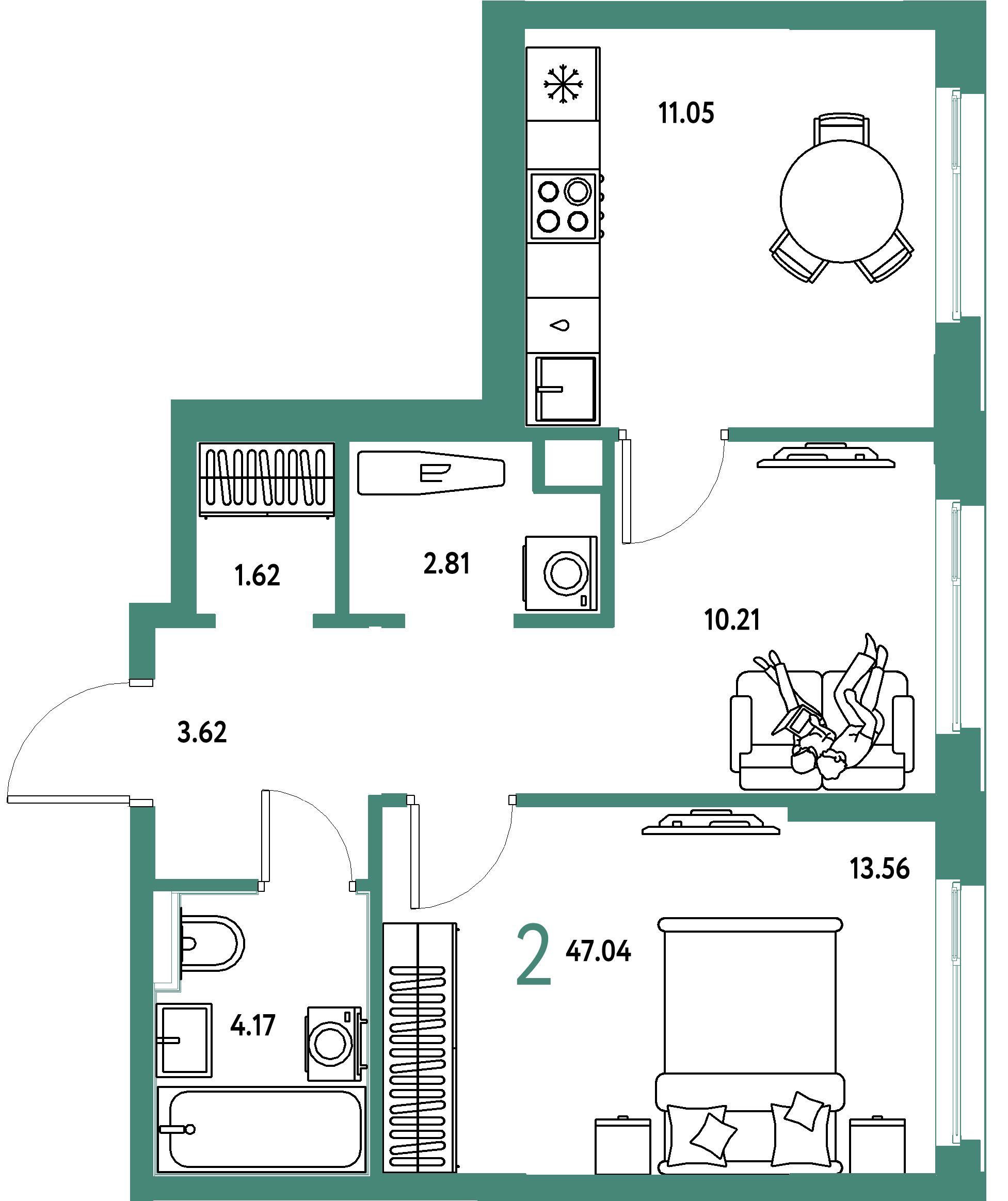 ЖК "Сердце Сибири"-2-комнатная 47.04 м²