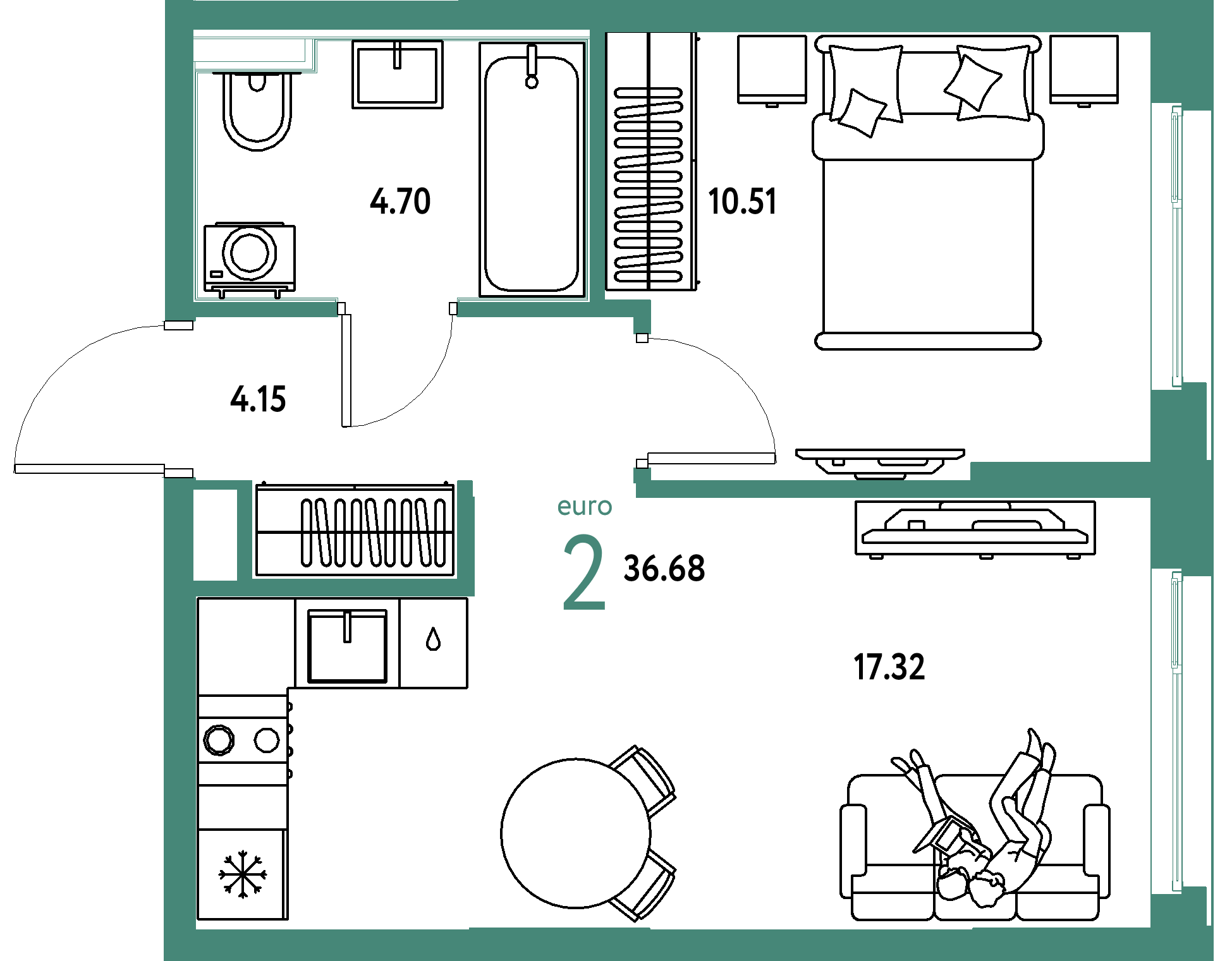 ЖК "Сердце Сибири"-2-комнатная 36.68 м²