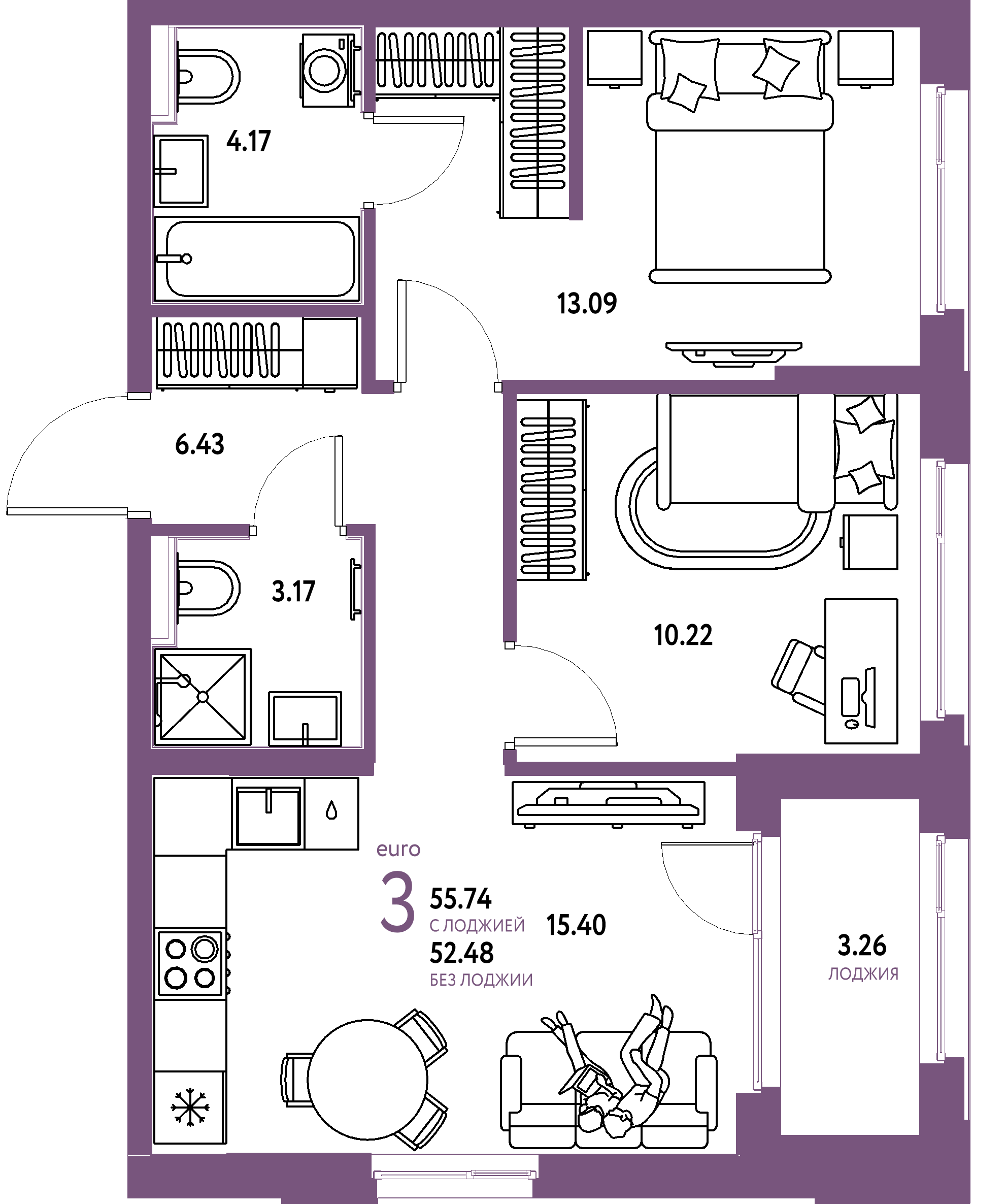 ЖК "Сердце Сибири"-3-комнатная 55.74 м²