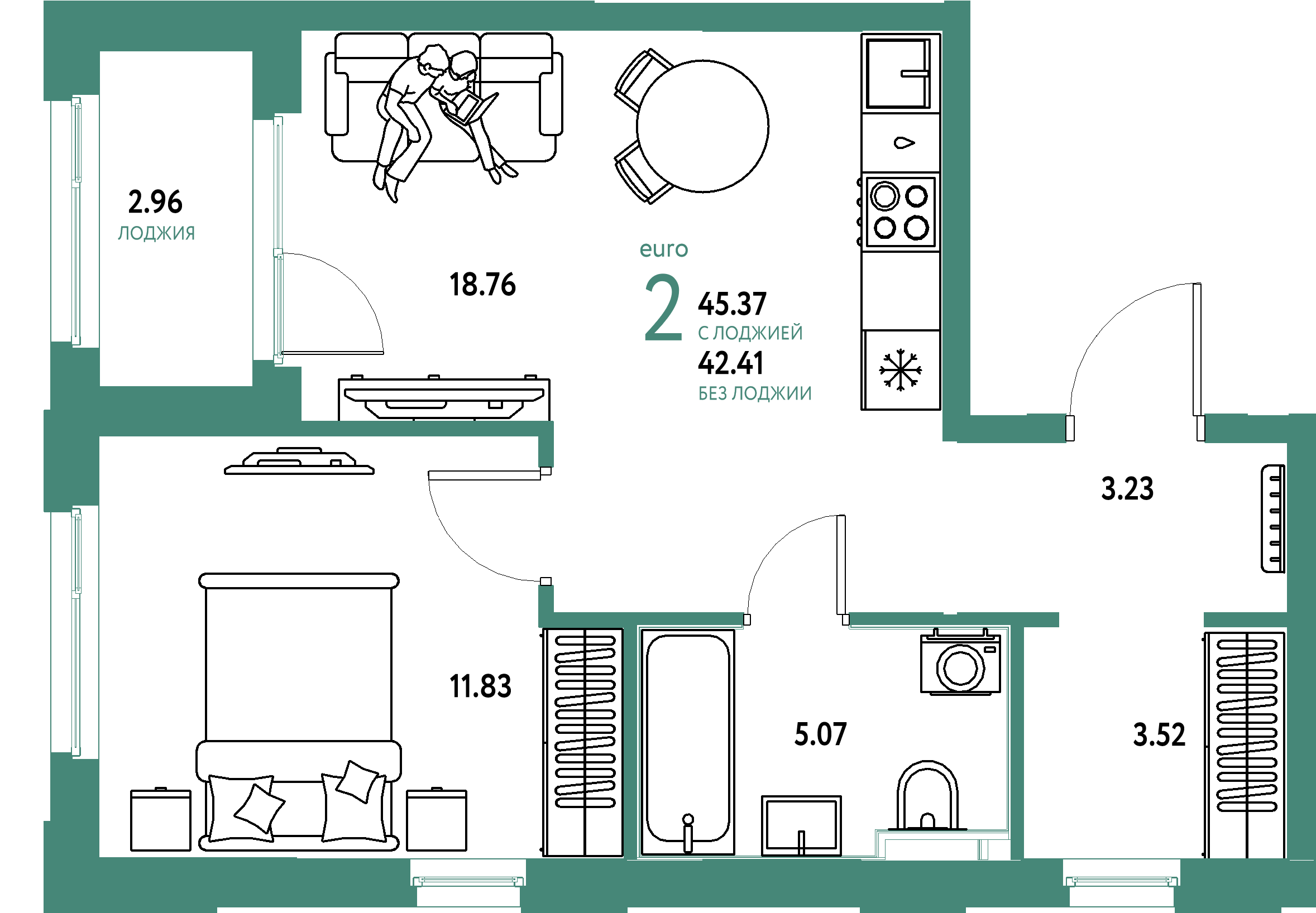 ЖК "Сердце Сибири"-2-комнатная 45.37 м²