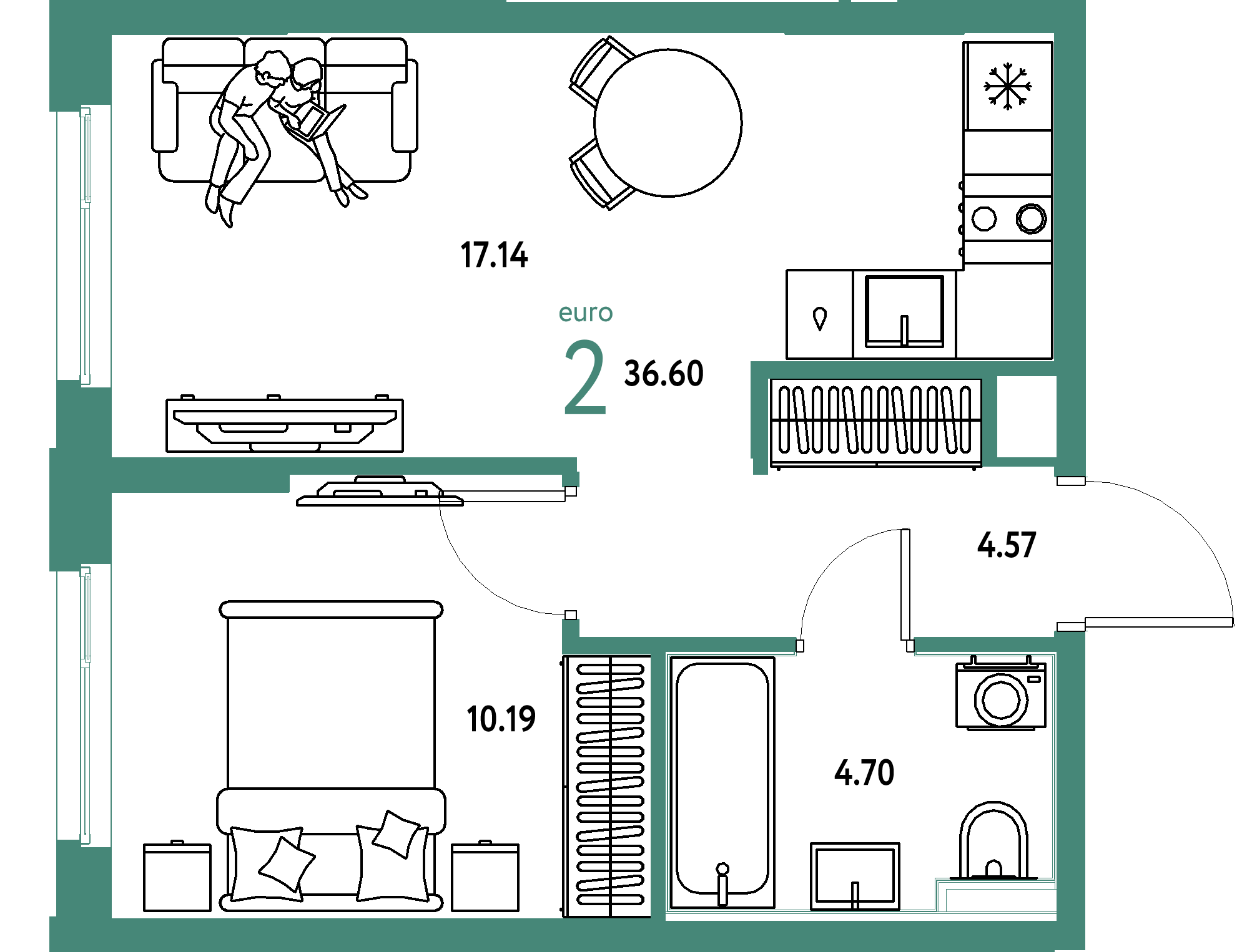 ЖК "Сердце Сибири"-2-комнатная 36.6 м²