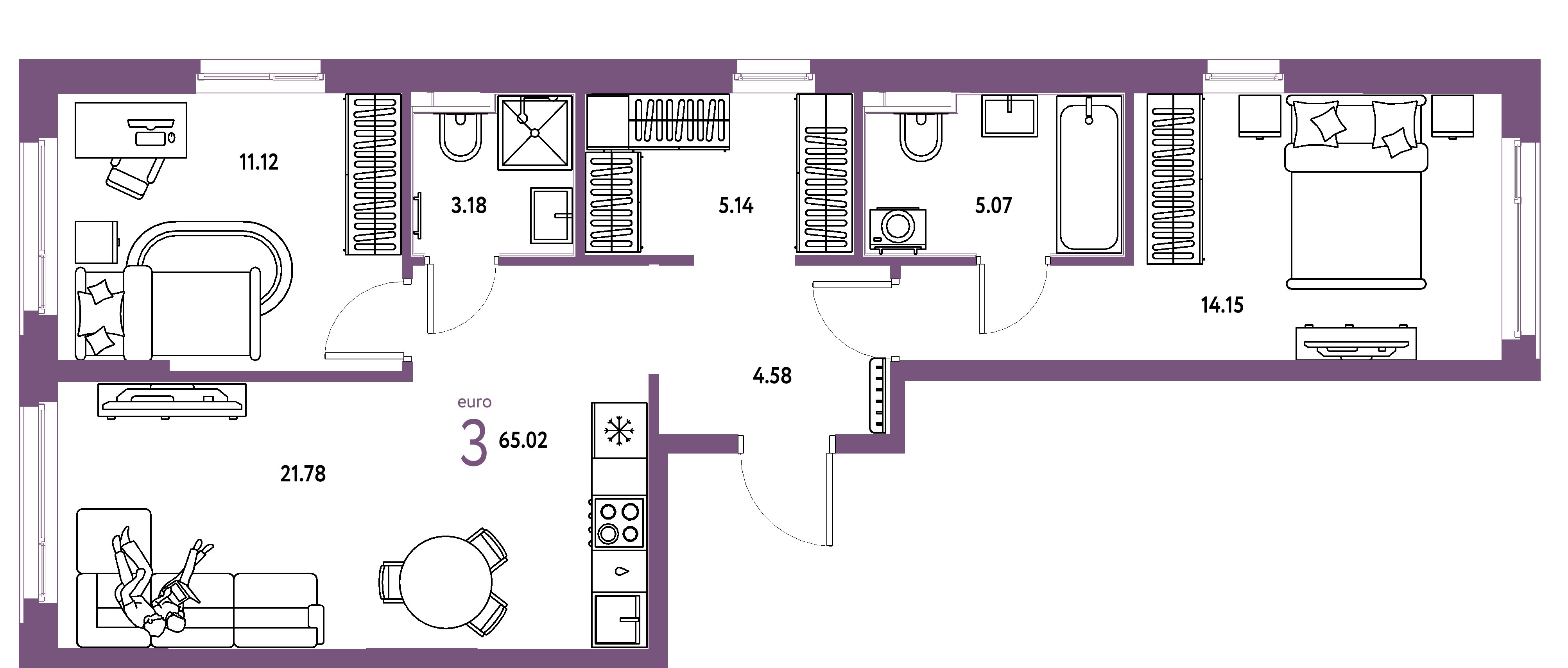 ЖК "Сердце Сибири"-3-комнатная 65.02 м²