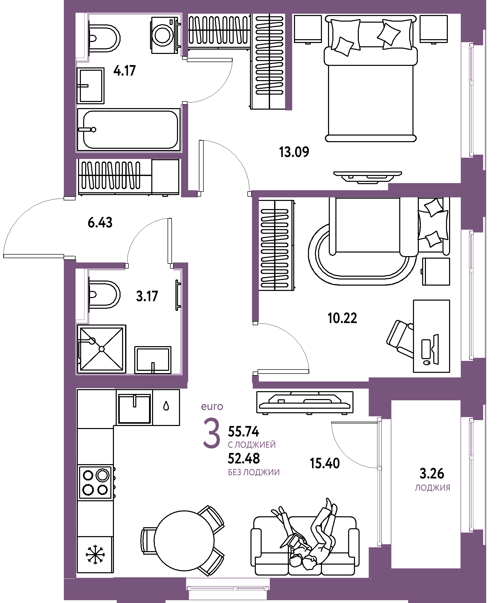 ЖК "Сердце Сибири"-3-комнатная 55.74 м²