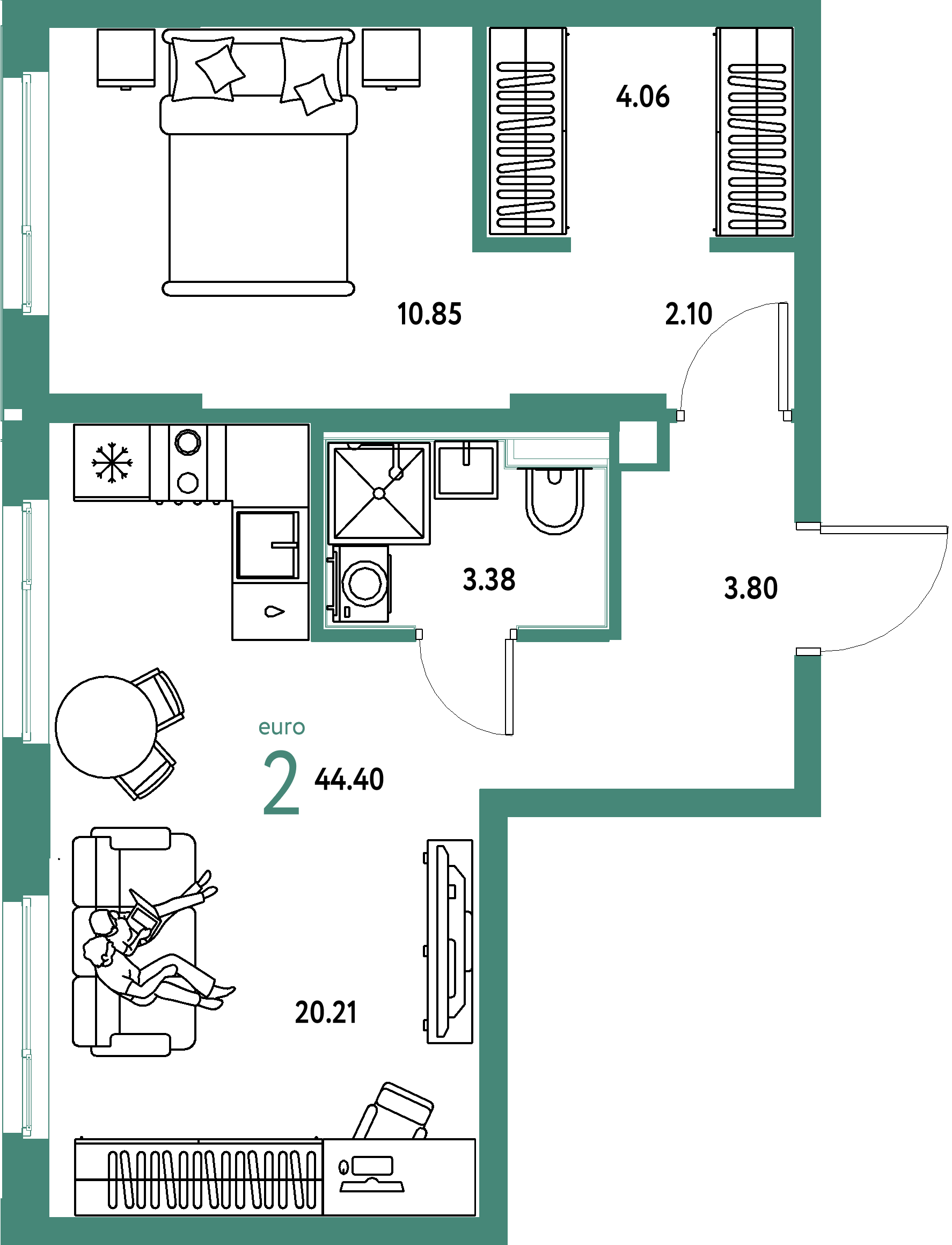 ЖК "Сердце Сибири"-2-комнатная 44.4 м²