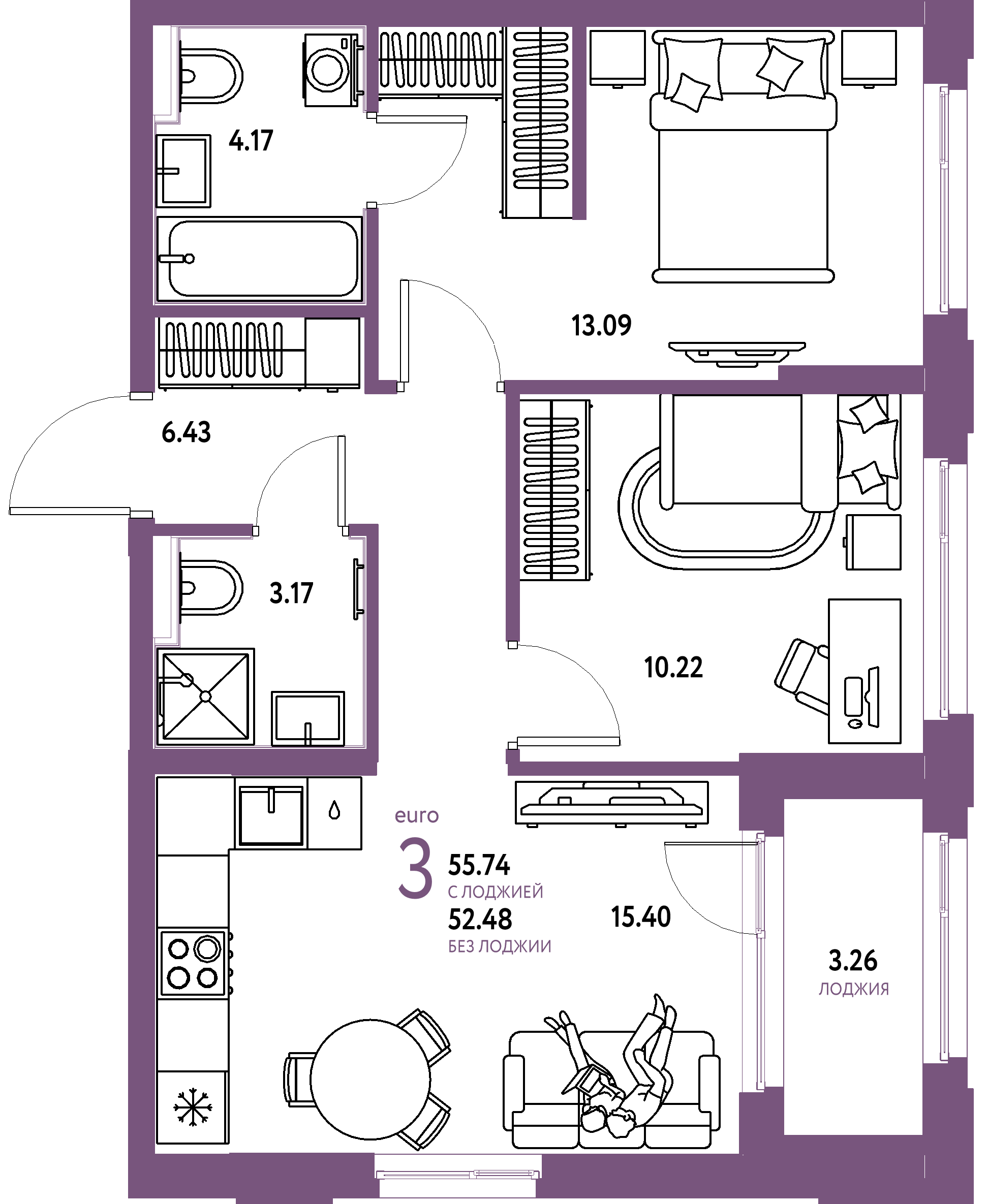 ЖК "Сердце Сибири"-3-комнатная 55.74 м²