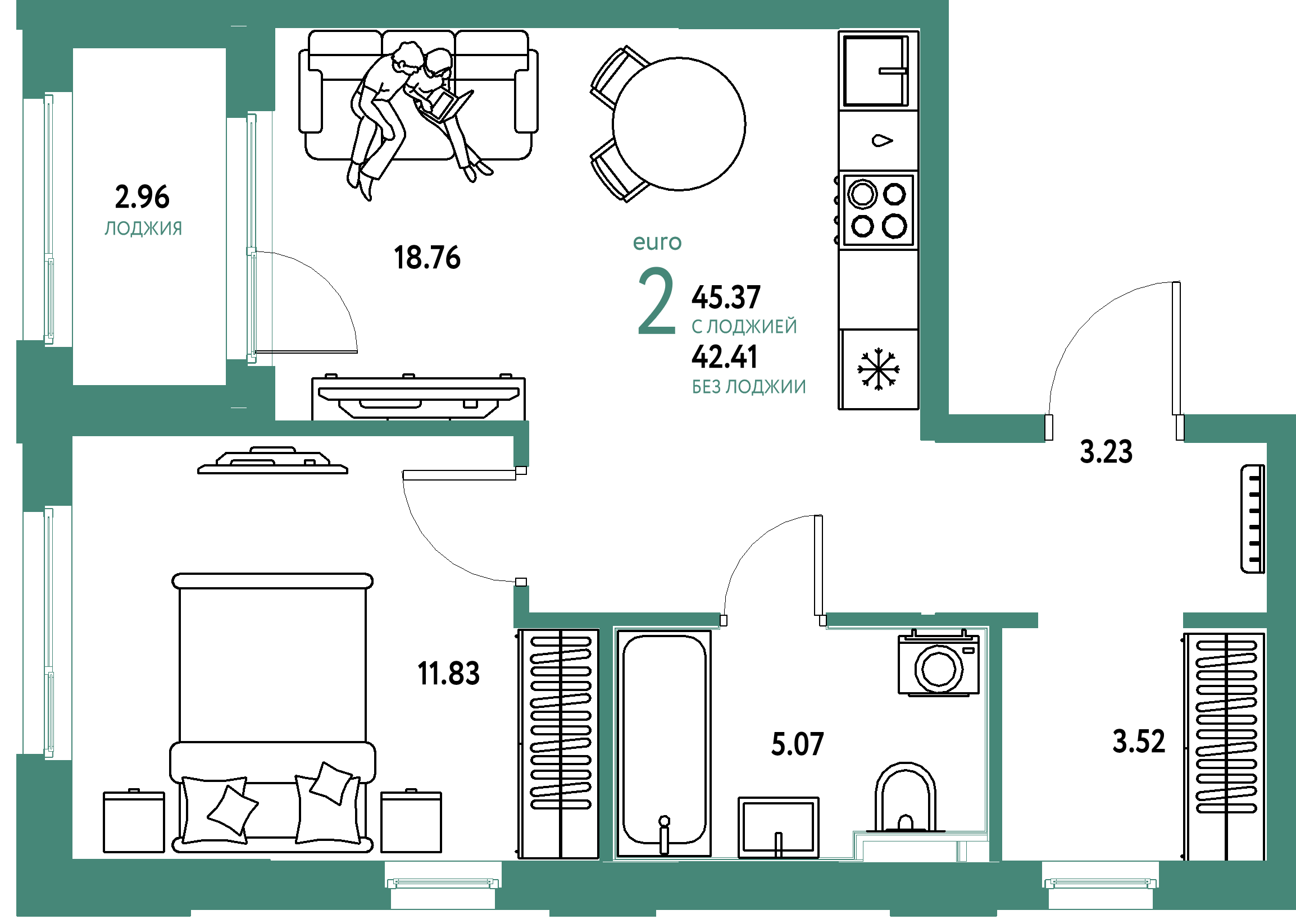 ЖК "Сердце Сибири"-2-комнатная 45.37 м²