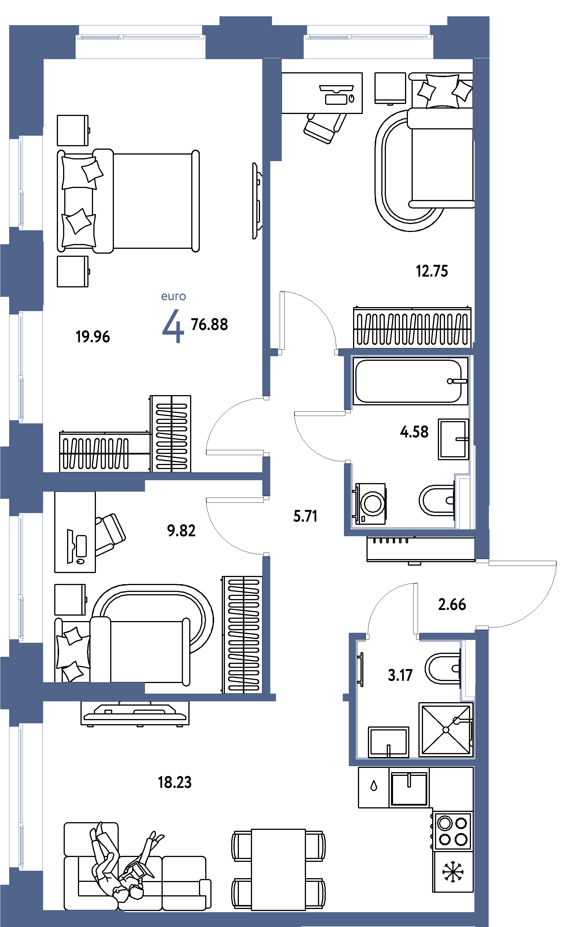 ЖК "Сердце Сибири"-4-комнатная 76.88 м²