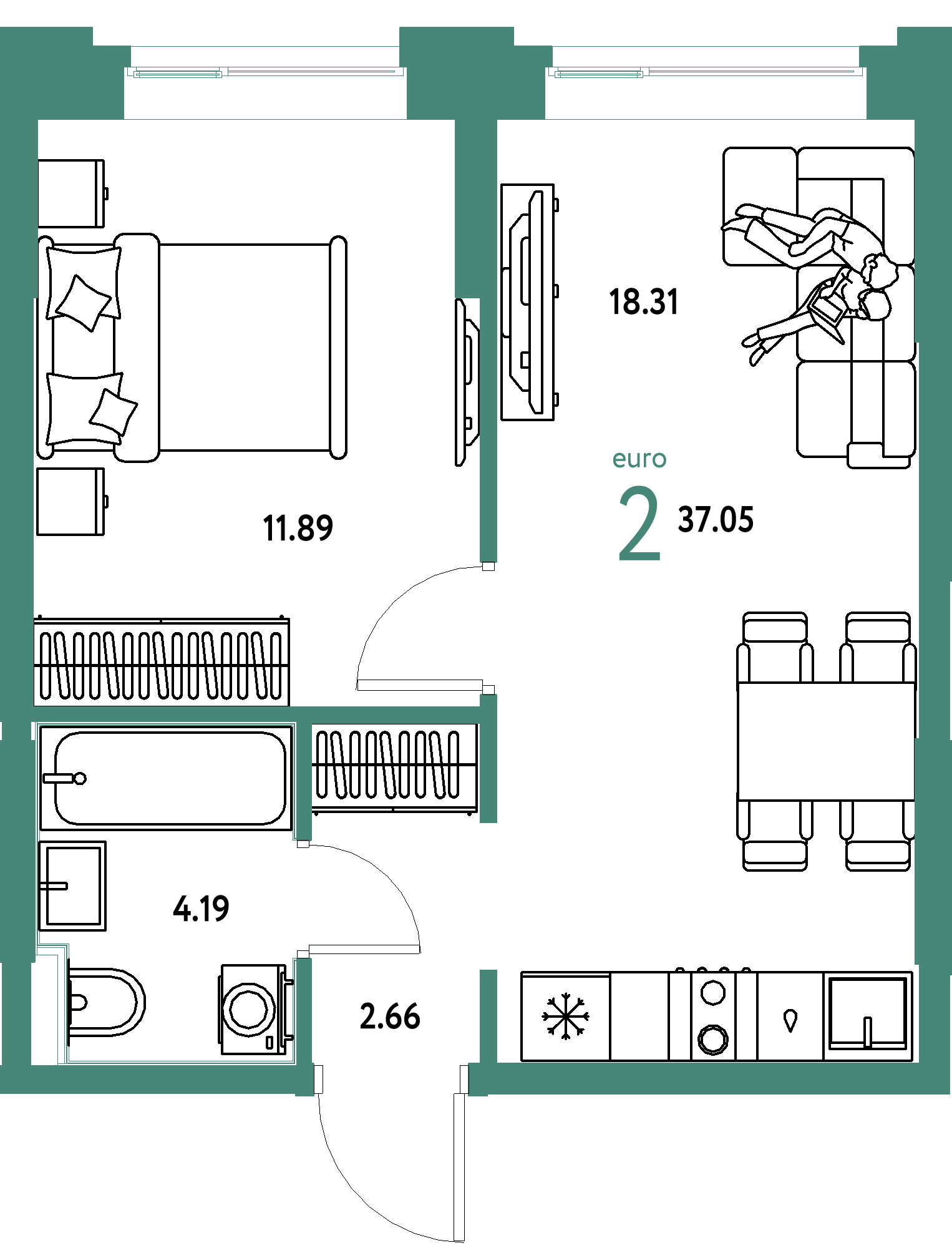 ЖК "Сердце Сибири"-2-комнатная 37.05 м²