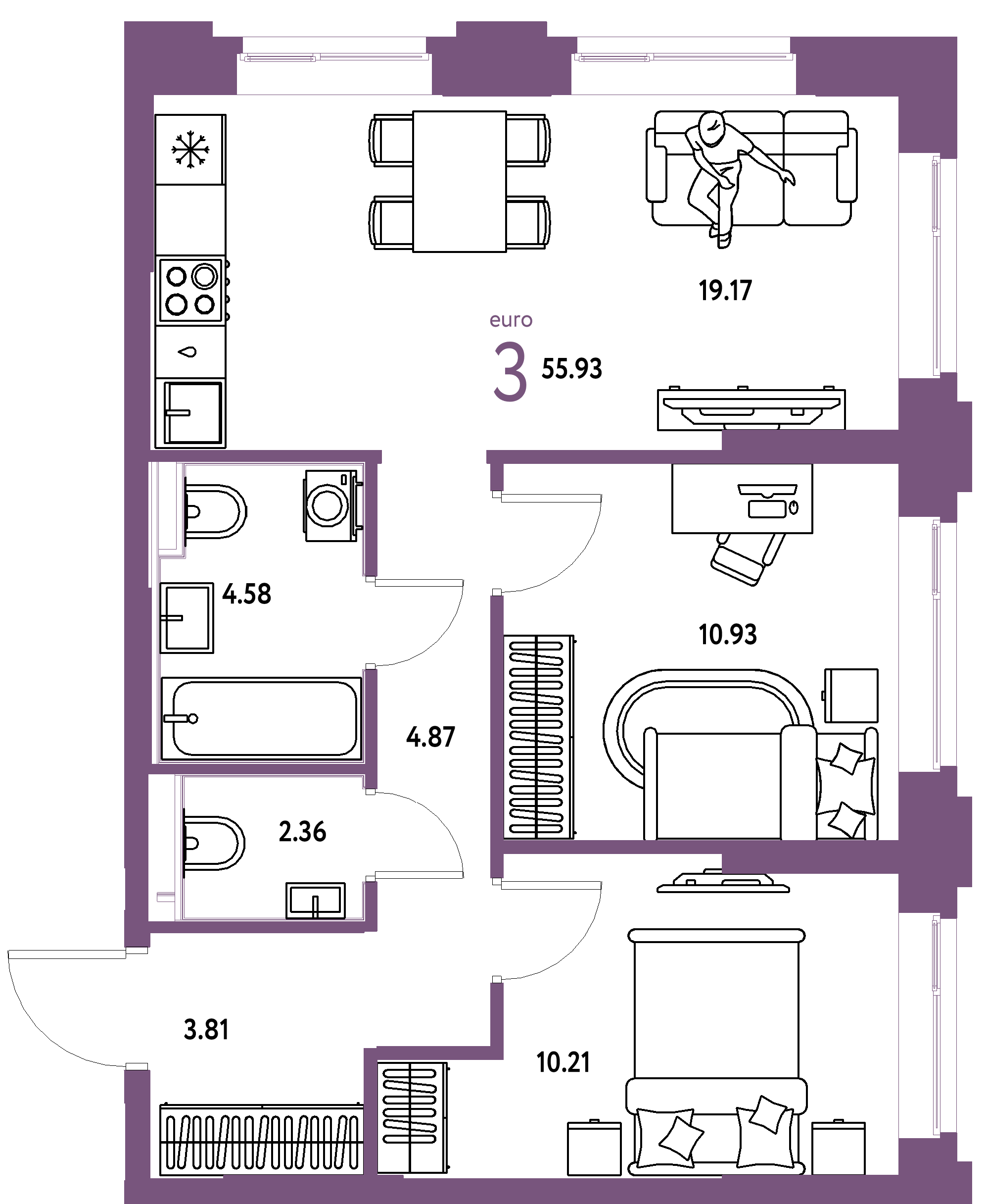 ЖК "Сердце Сибири"-3-комнатная 55.93 м²