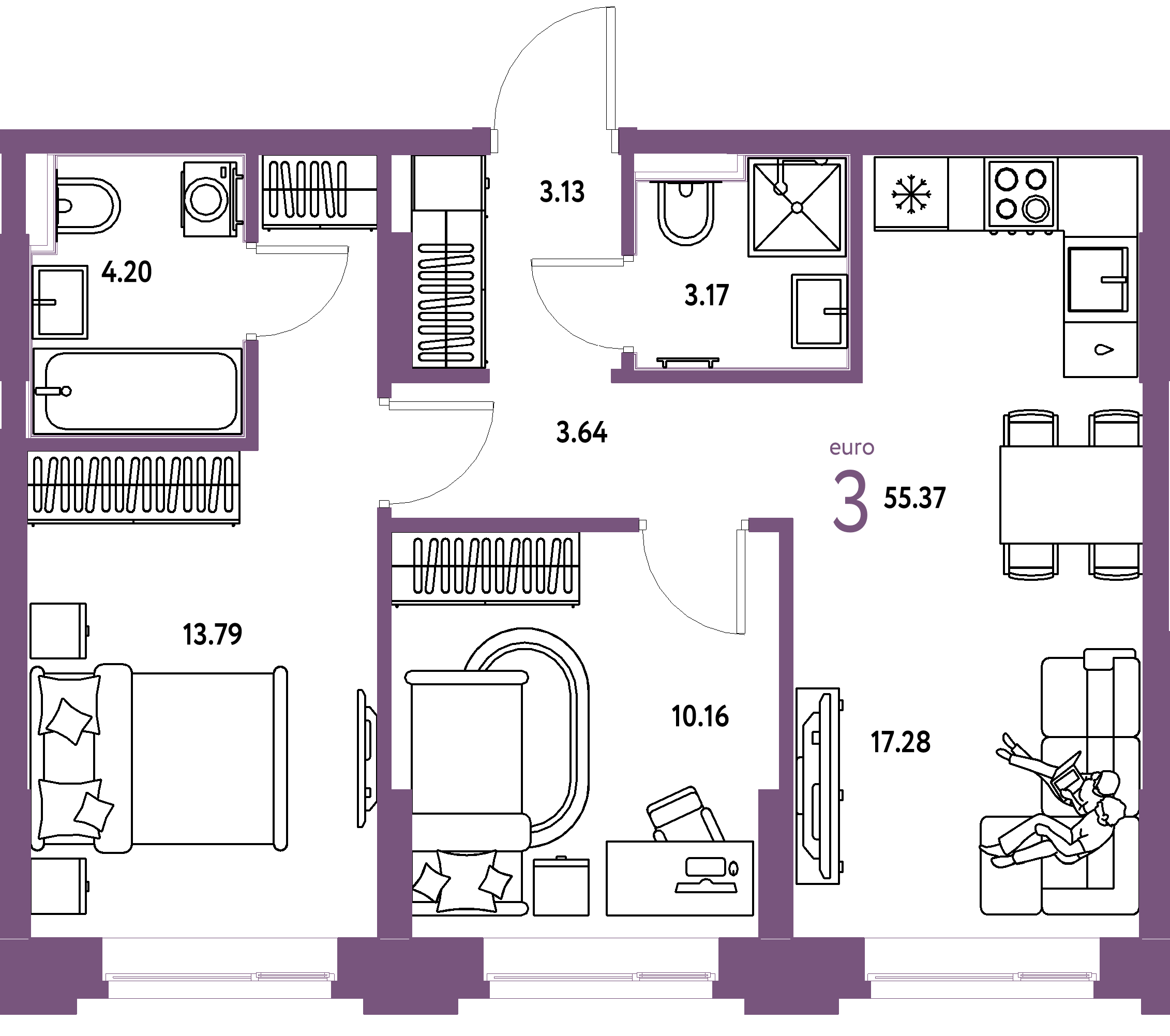 ЖК "Сердце Сибири"-3-комнатная 55.37 м²