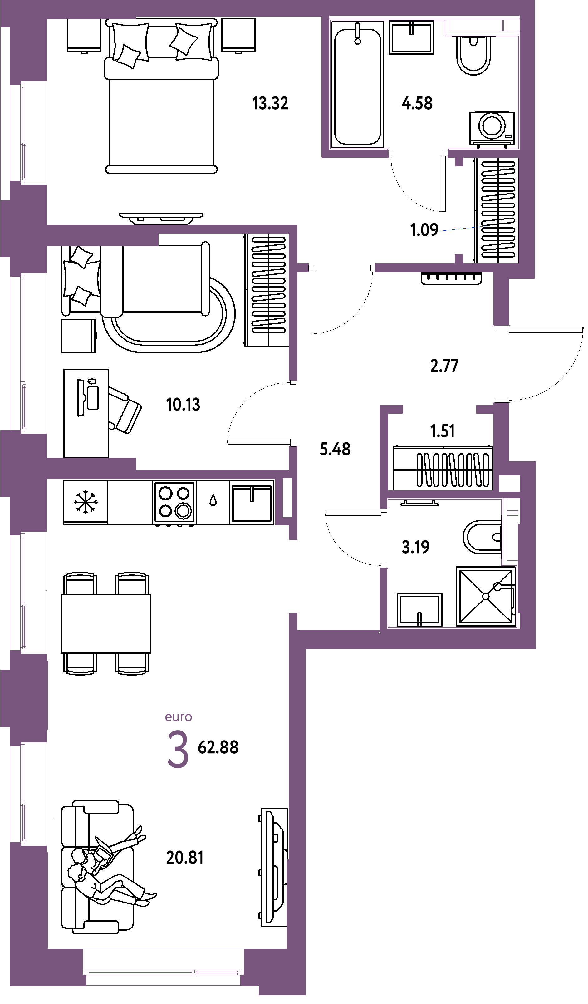 ЖК "Сердце Сибири"-3-комнатная 62.88 м²