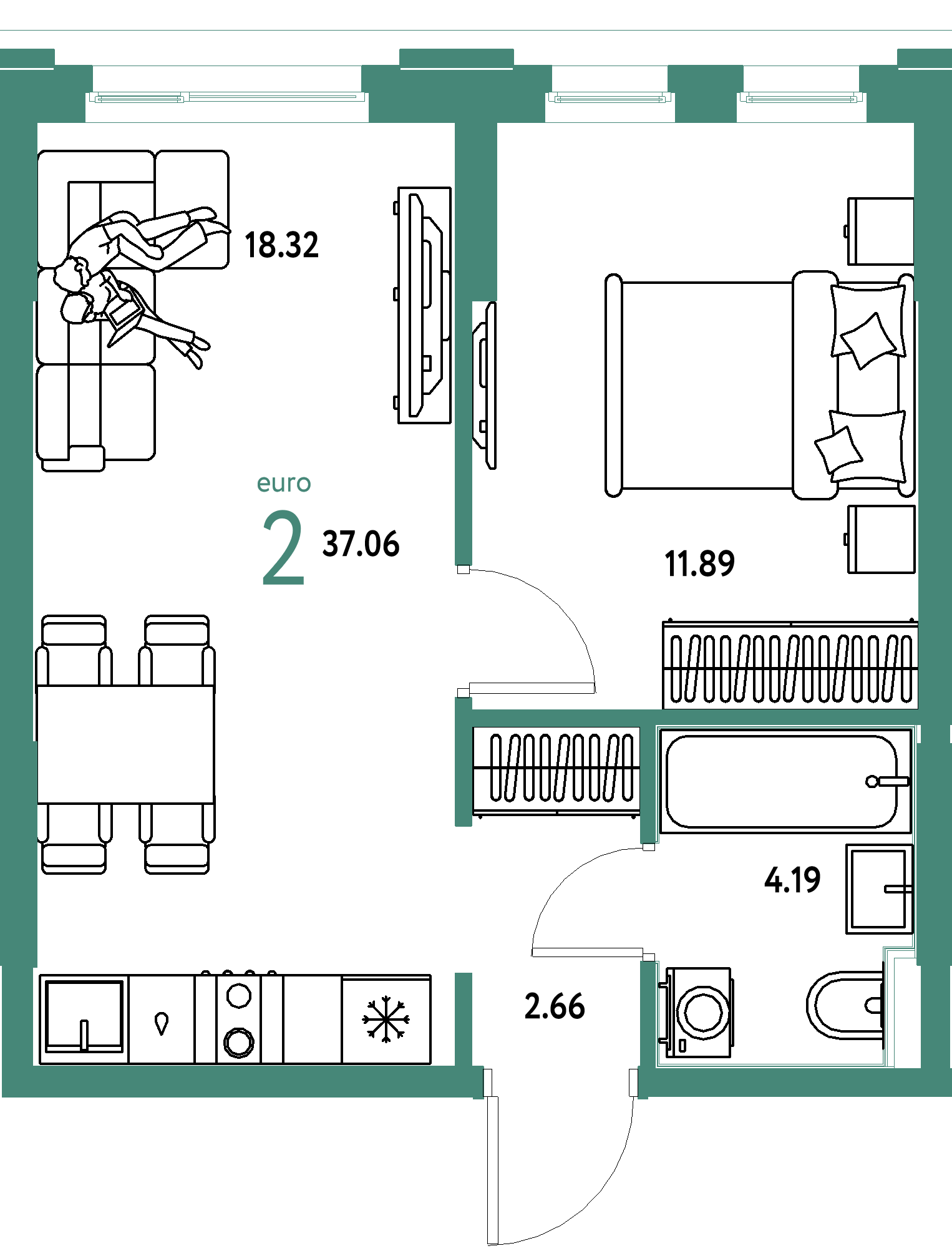 ЖК "Сердце Сибири"-2-комнатная 37.06 м²
