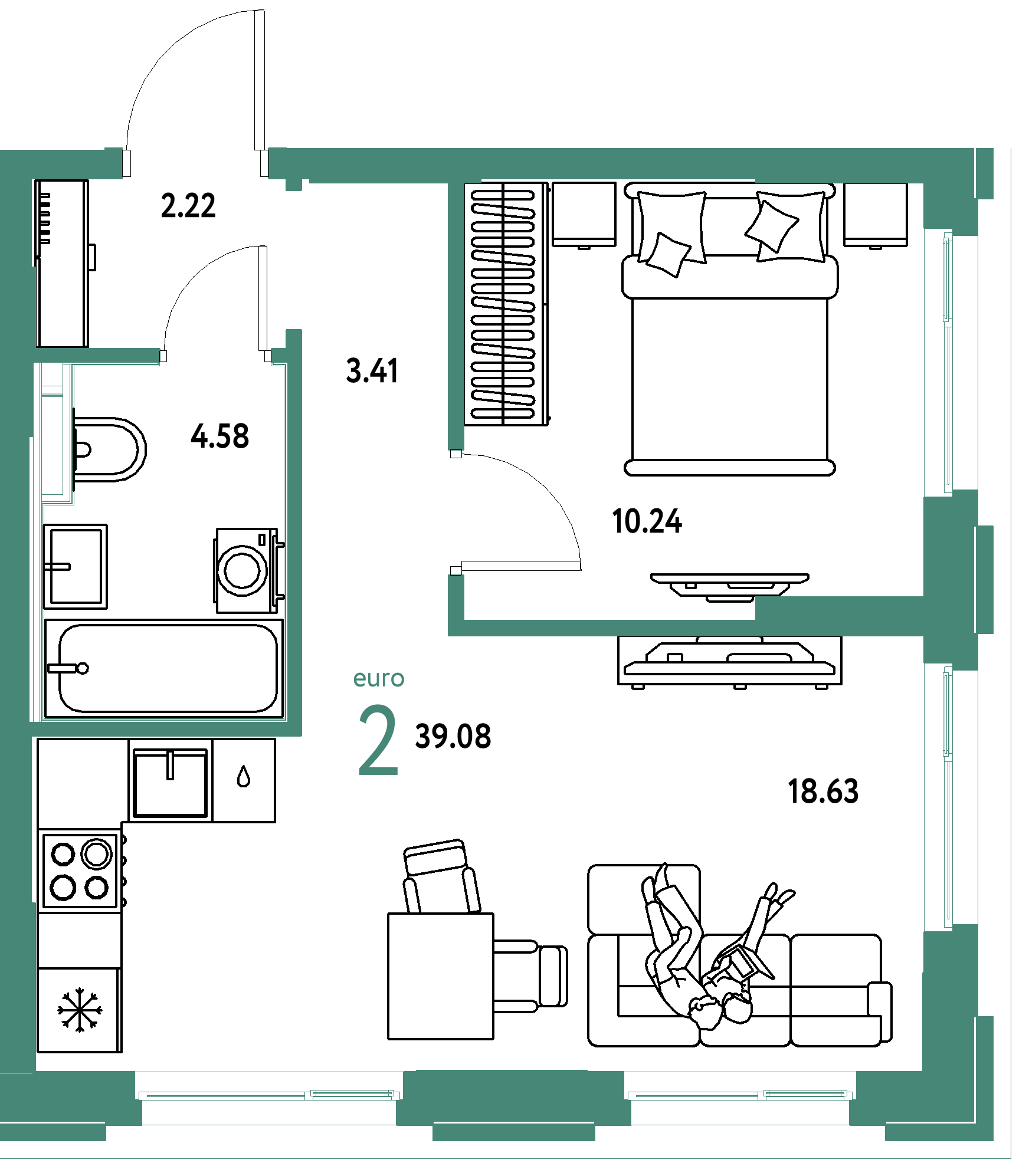 ЖК "Сердце Сибири"-2-комнатная 39.08 м²