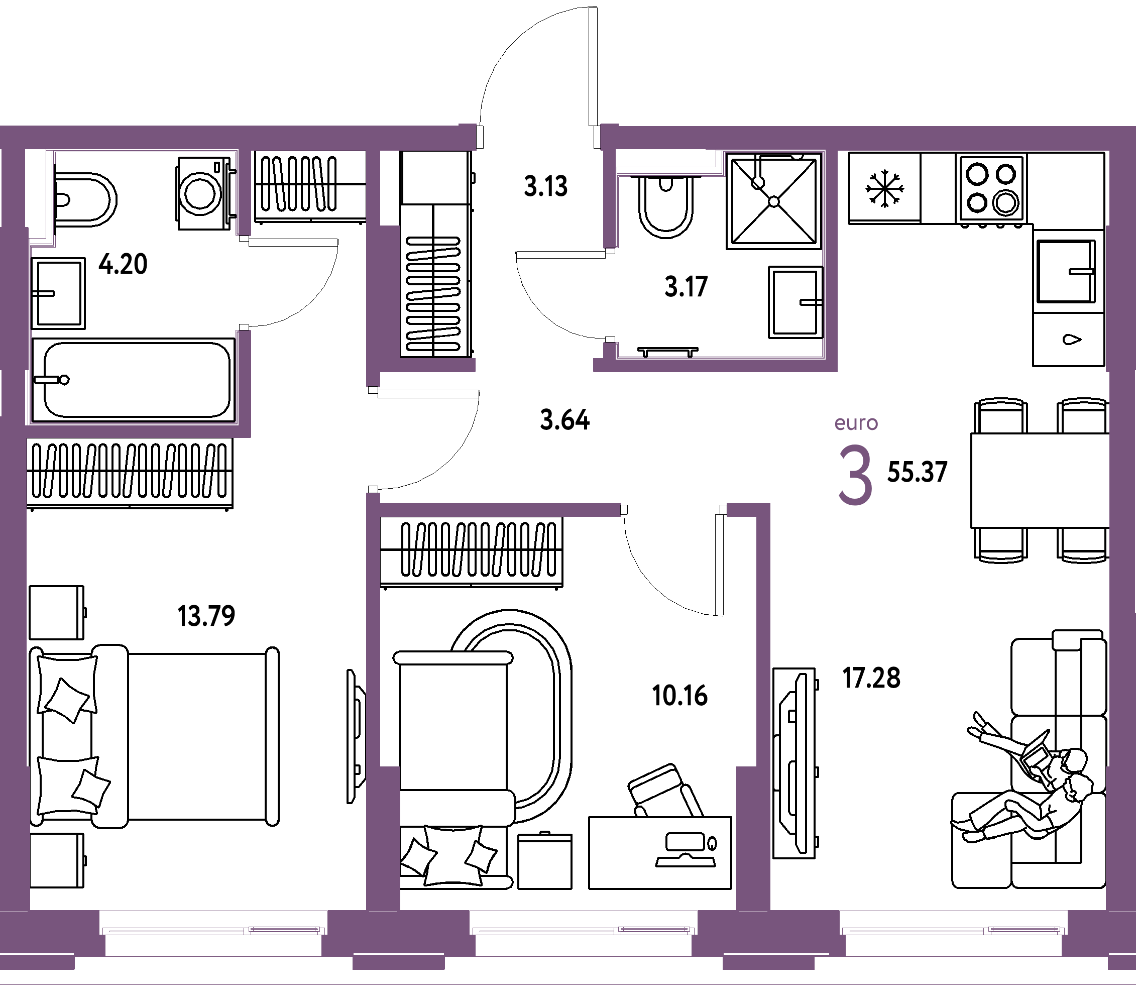 ЖК "Сердце Сибири"-3-комнатная 55.37 м²