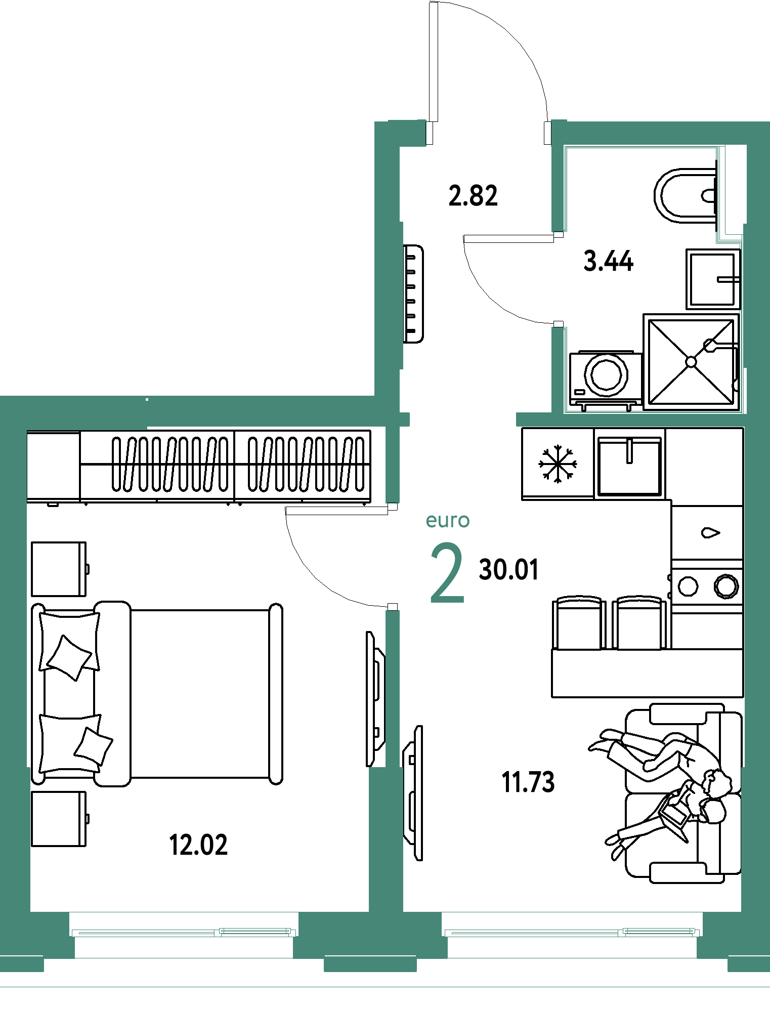 ЖК "Сердце Сибири"-2-комнатная 30.01 м²