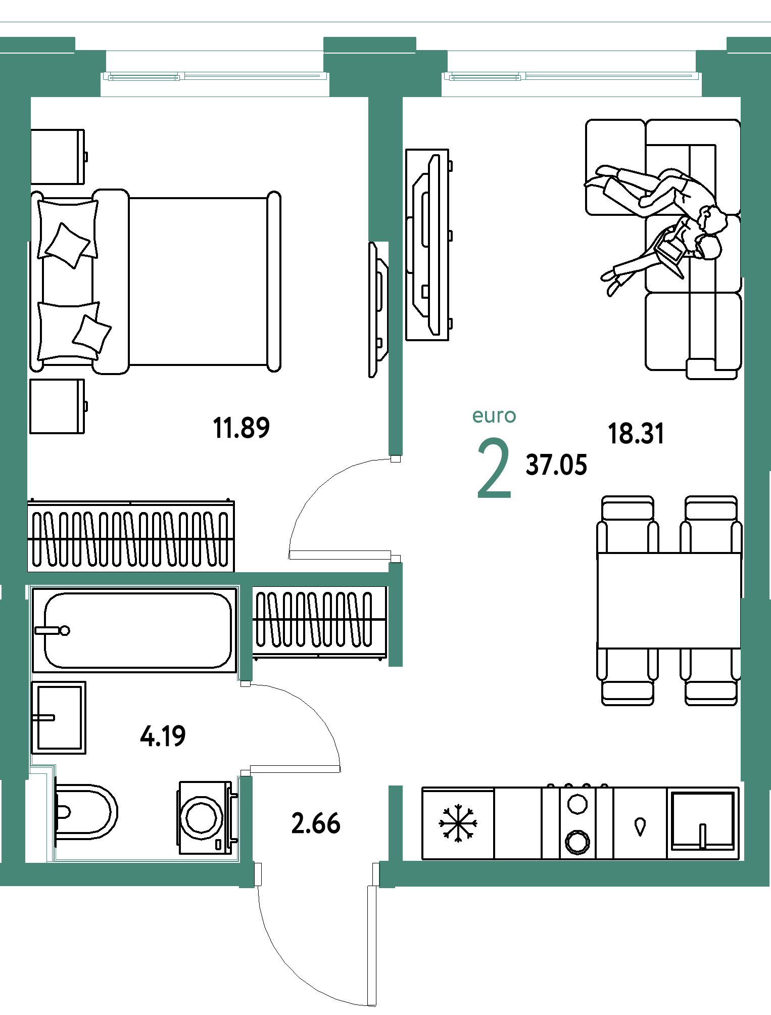 ЖК "Сердце Сибири"-2-комнатная 37.05 м²