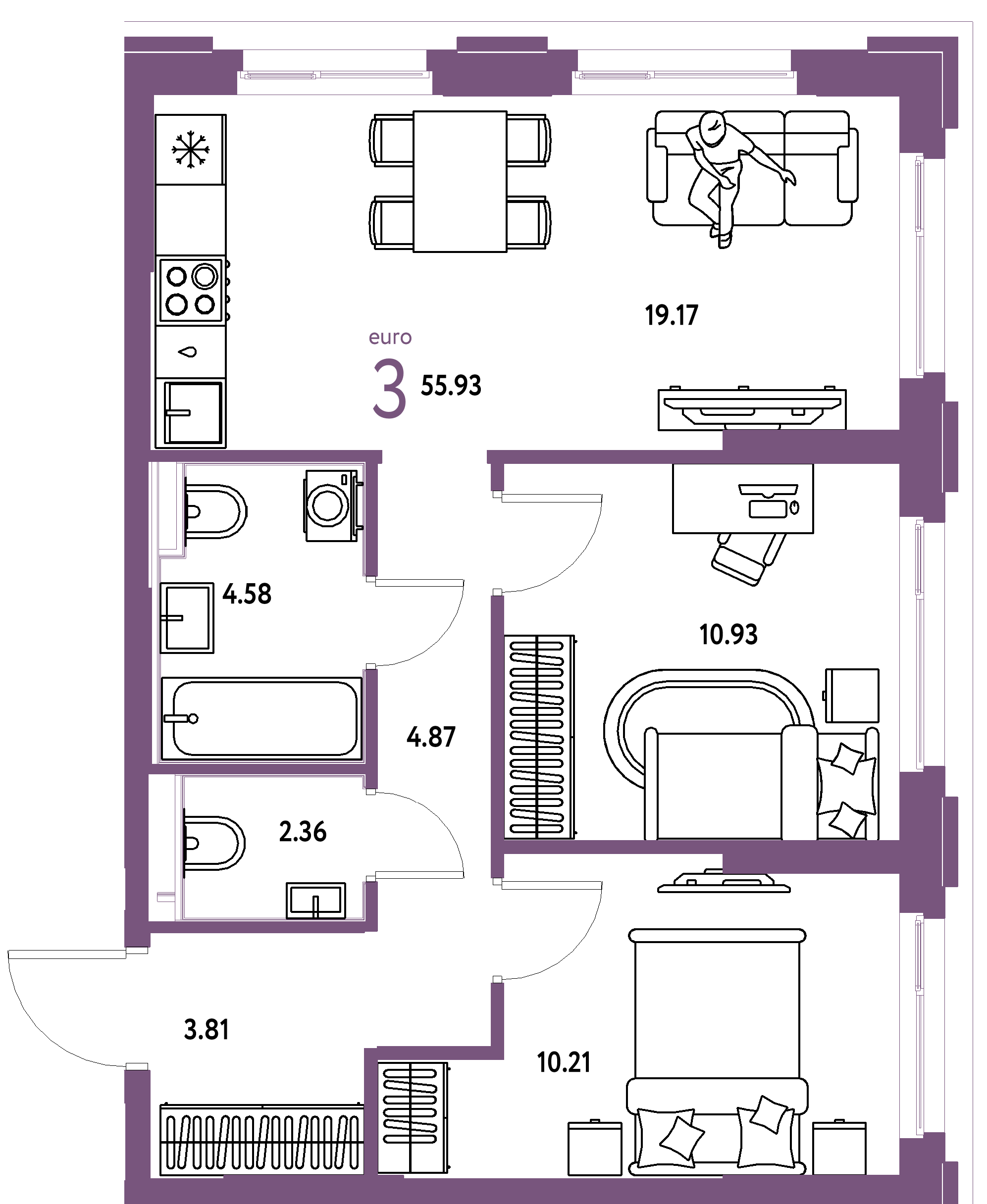 ЖК "Сердце Сибири"-3-комнатная 55.93 м²