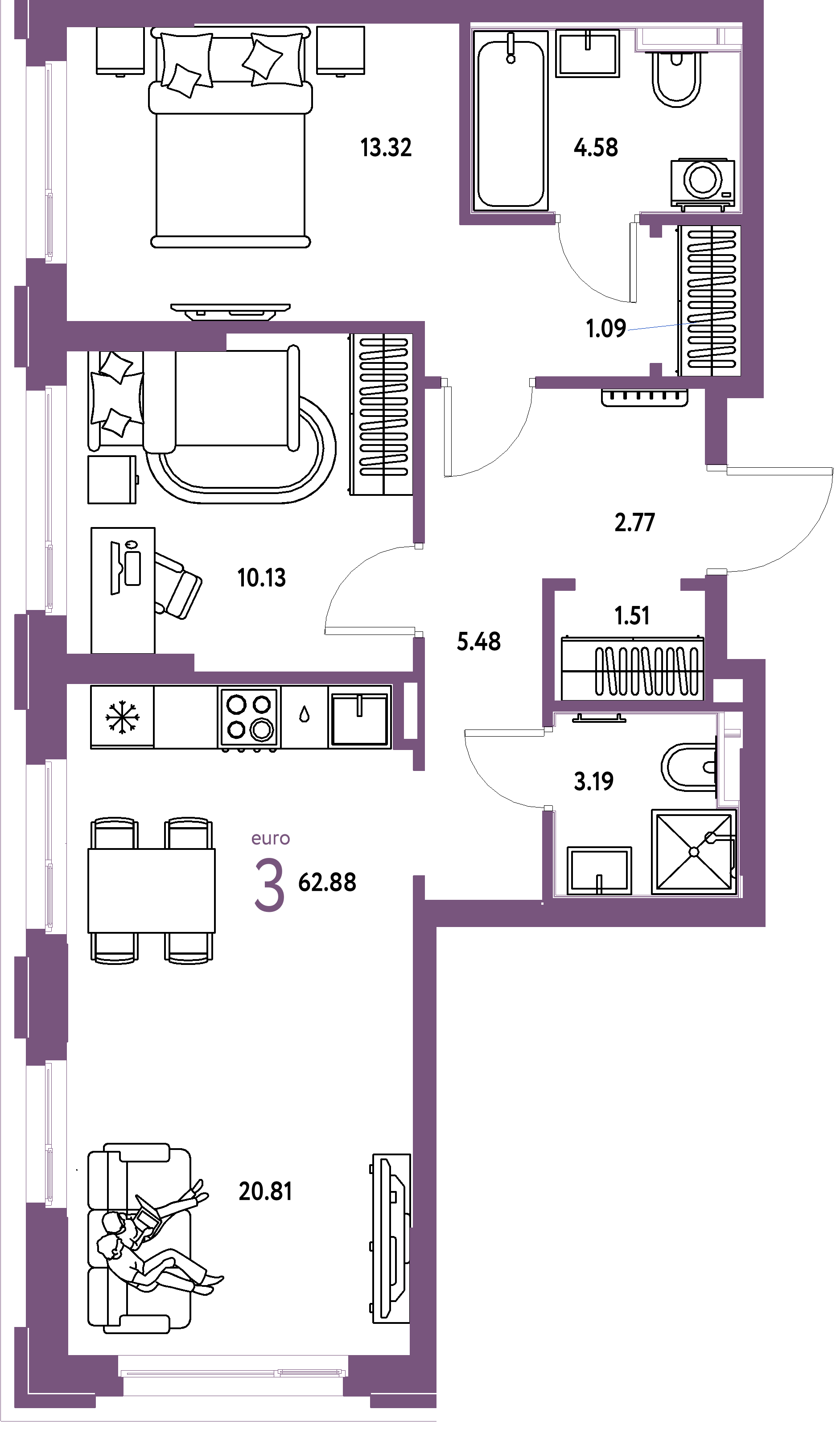 ЖК "Сердце Сибири"-3-комнатная 62.88 м²