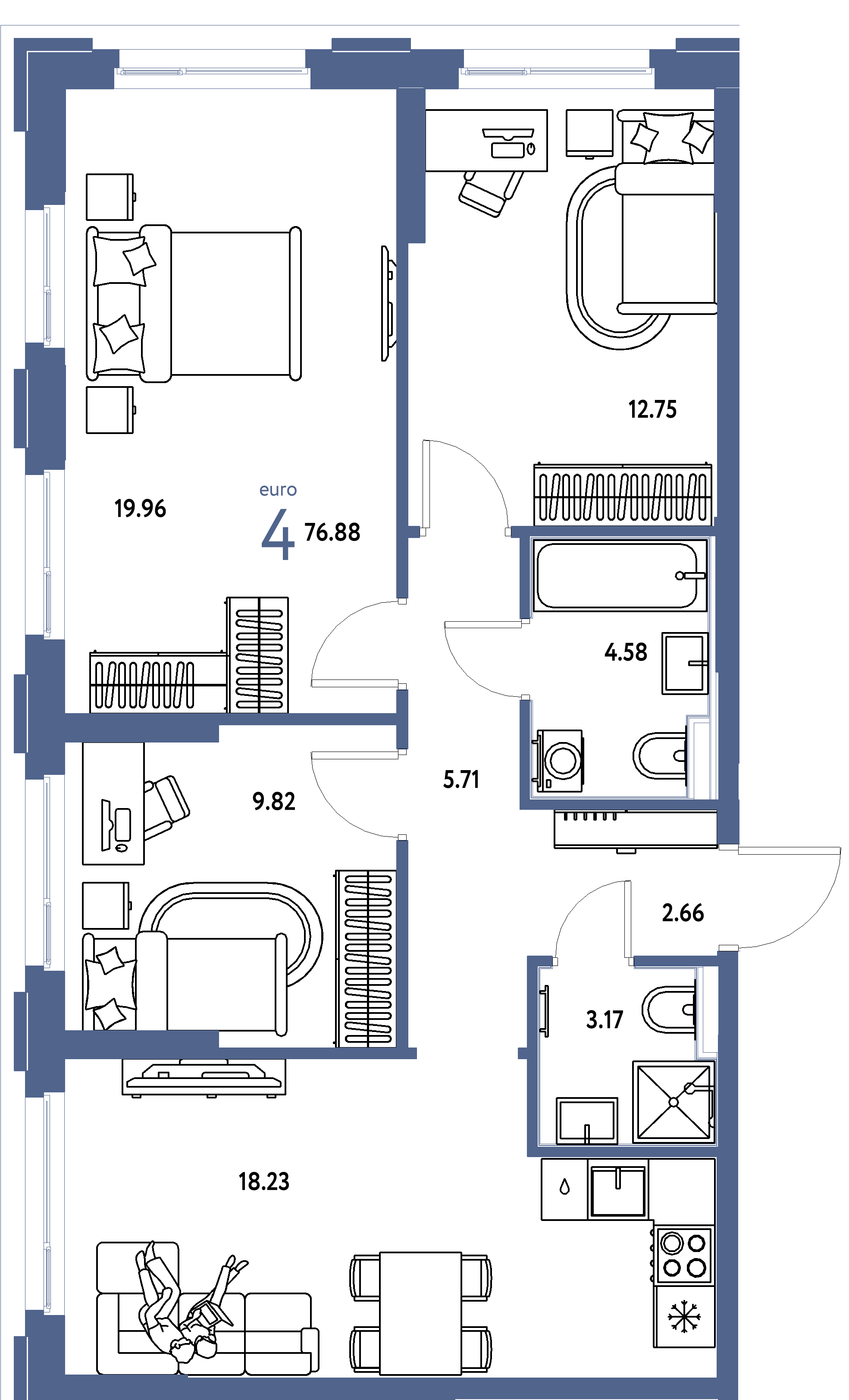 ЖК "Сердце Сибири"-4-комнатная 76.88 м²