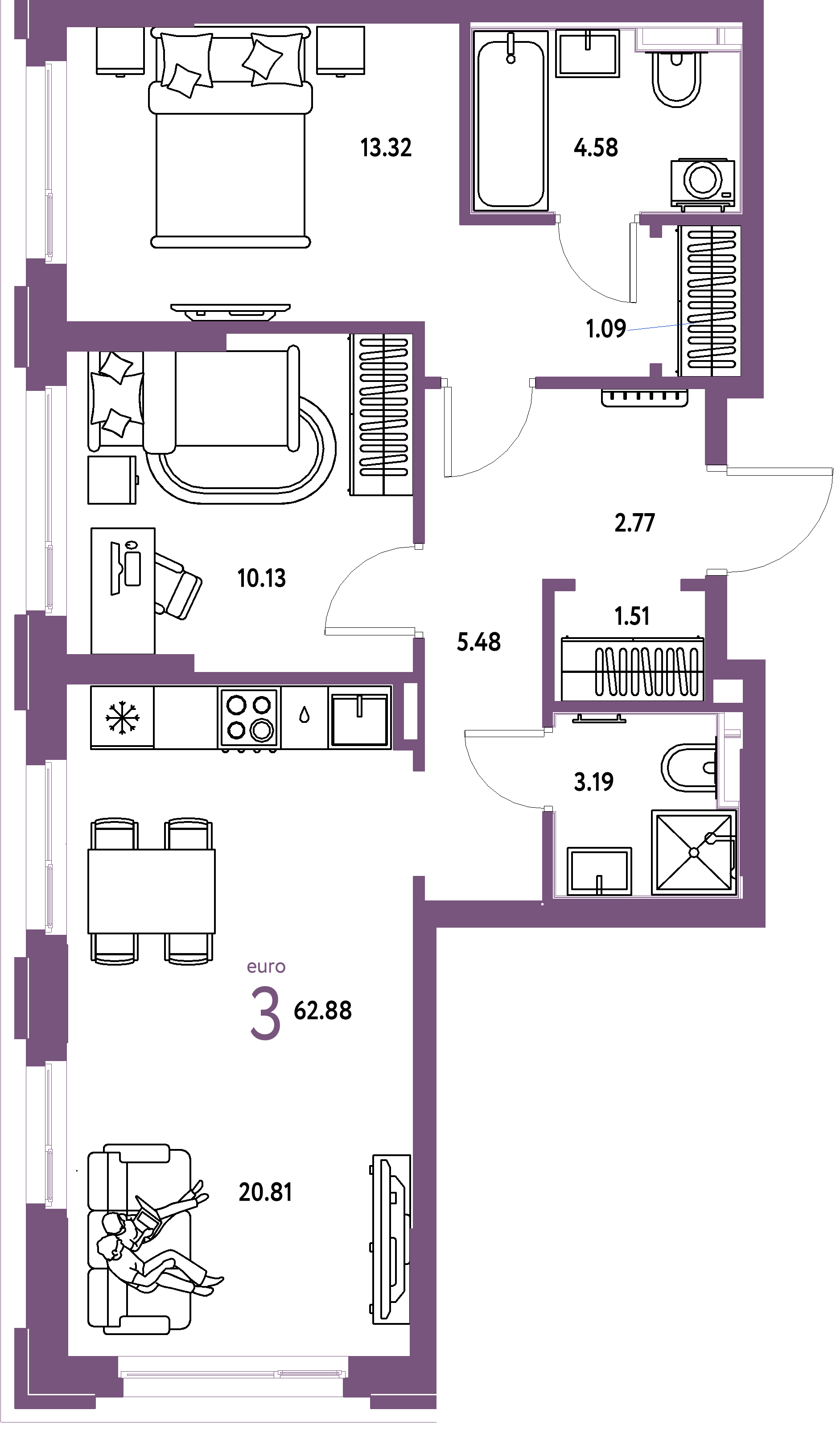 ЖК "Сердце Сибири"-3-комнатная 62.88 м²