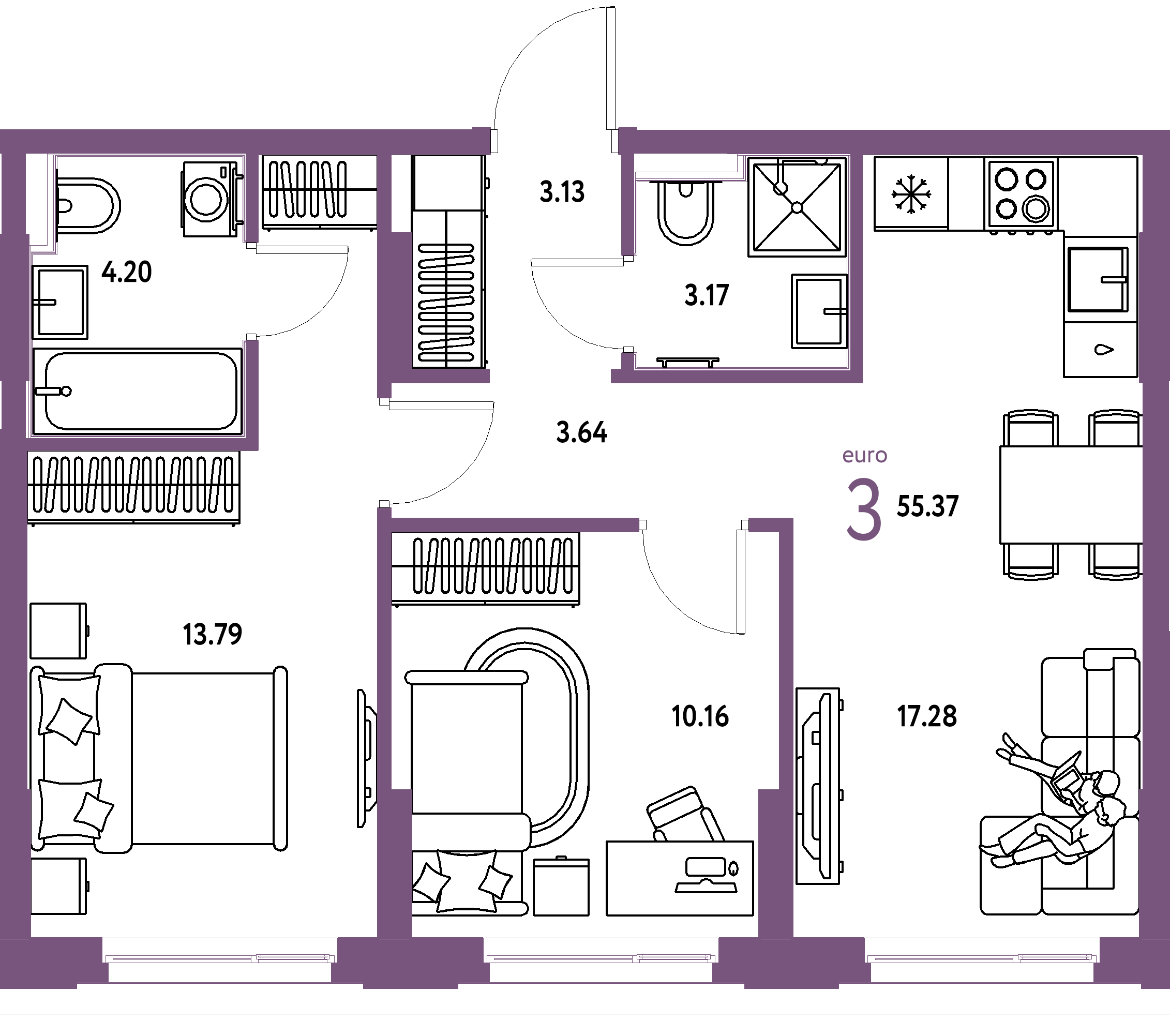 ЖК "Сердце Сибири"-3-комнатная 55.37 м²