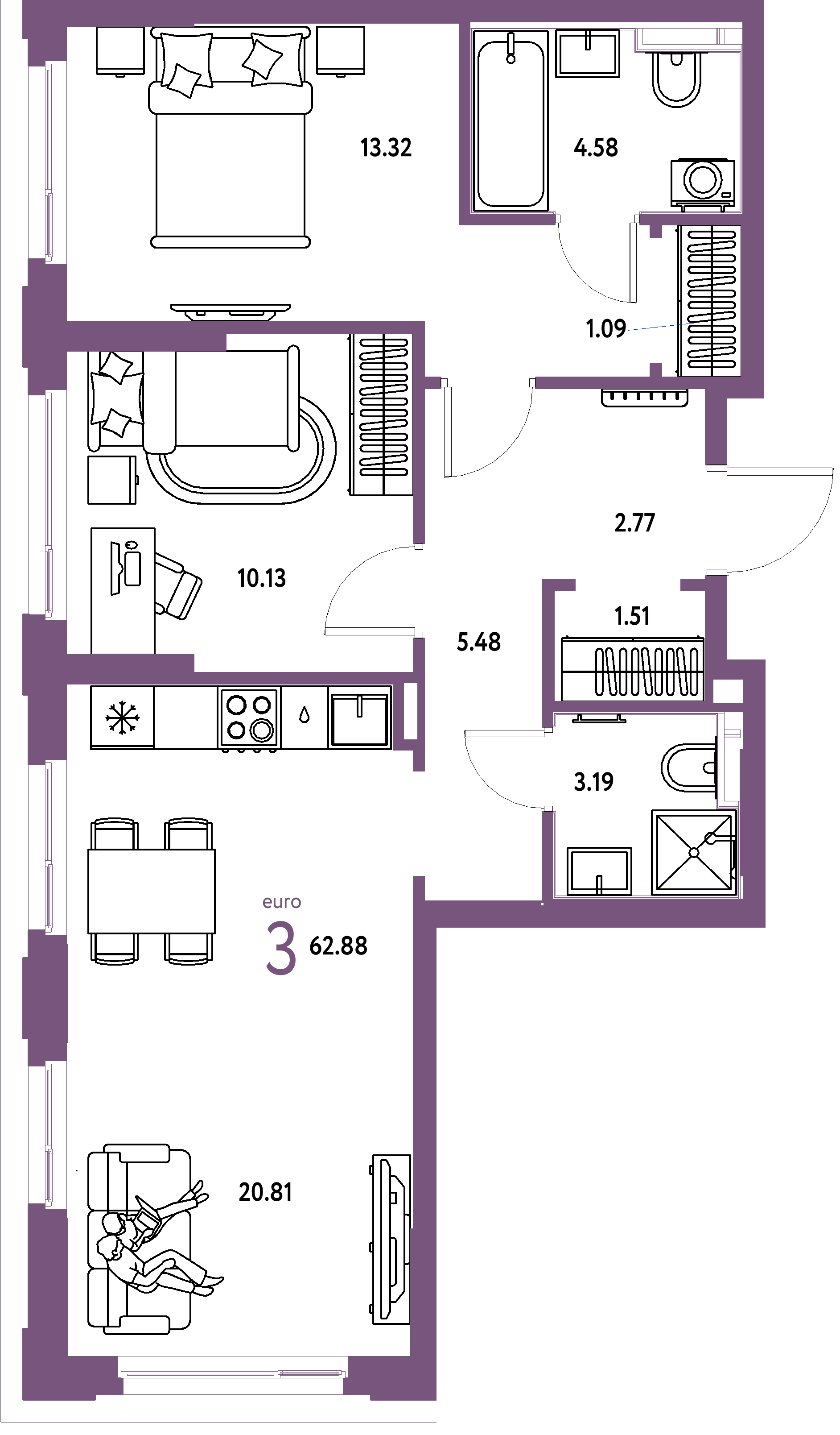 ЖК "Сердце Сибири"-3-комнатная 62.88 м²