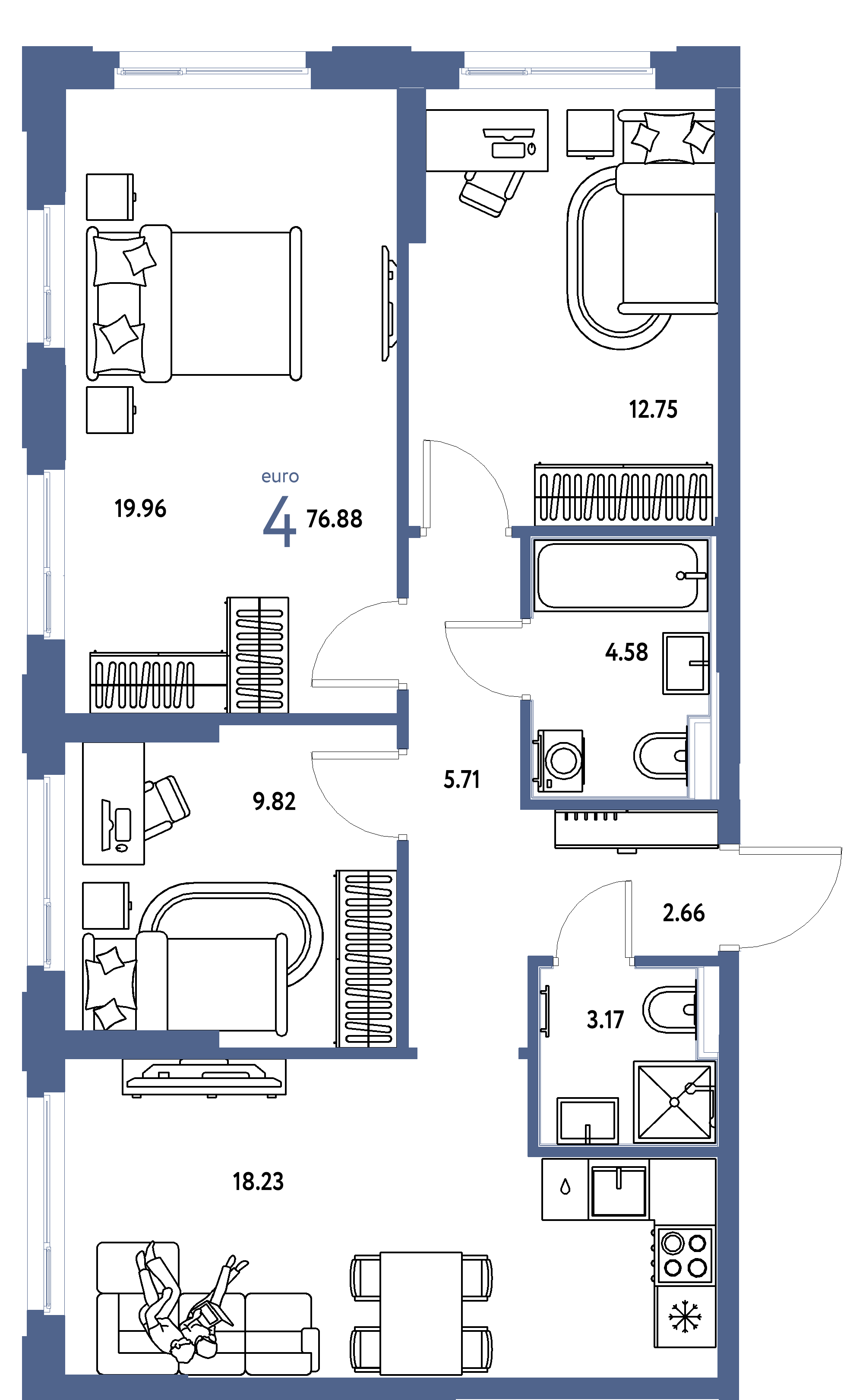 ЖК "Сердце Сибири"-4-комнатная 76.88 м²