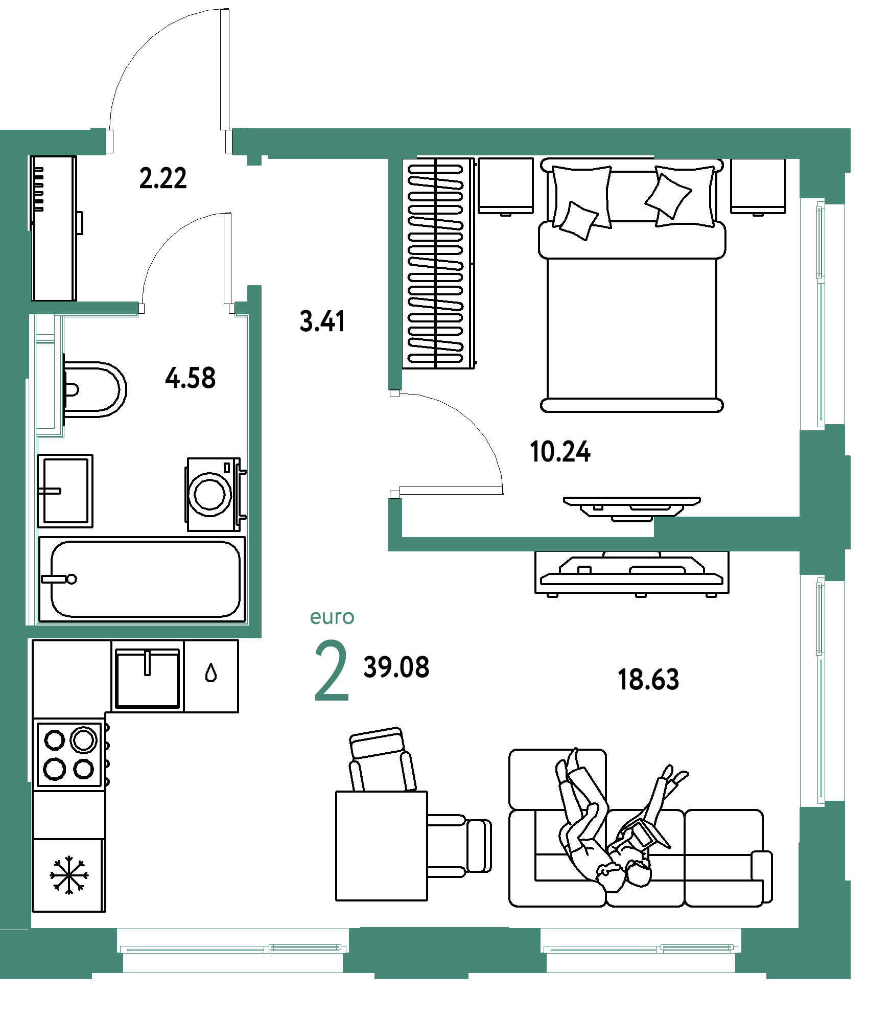 ЖК "Сердце Сибири"-2-комнатная 39.08 м²
