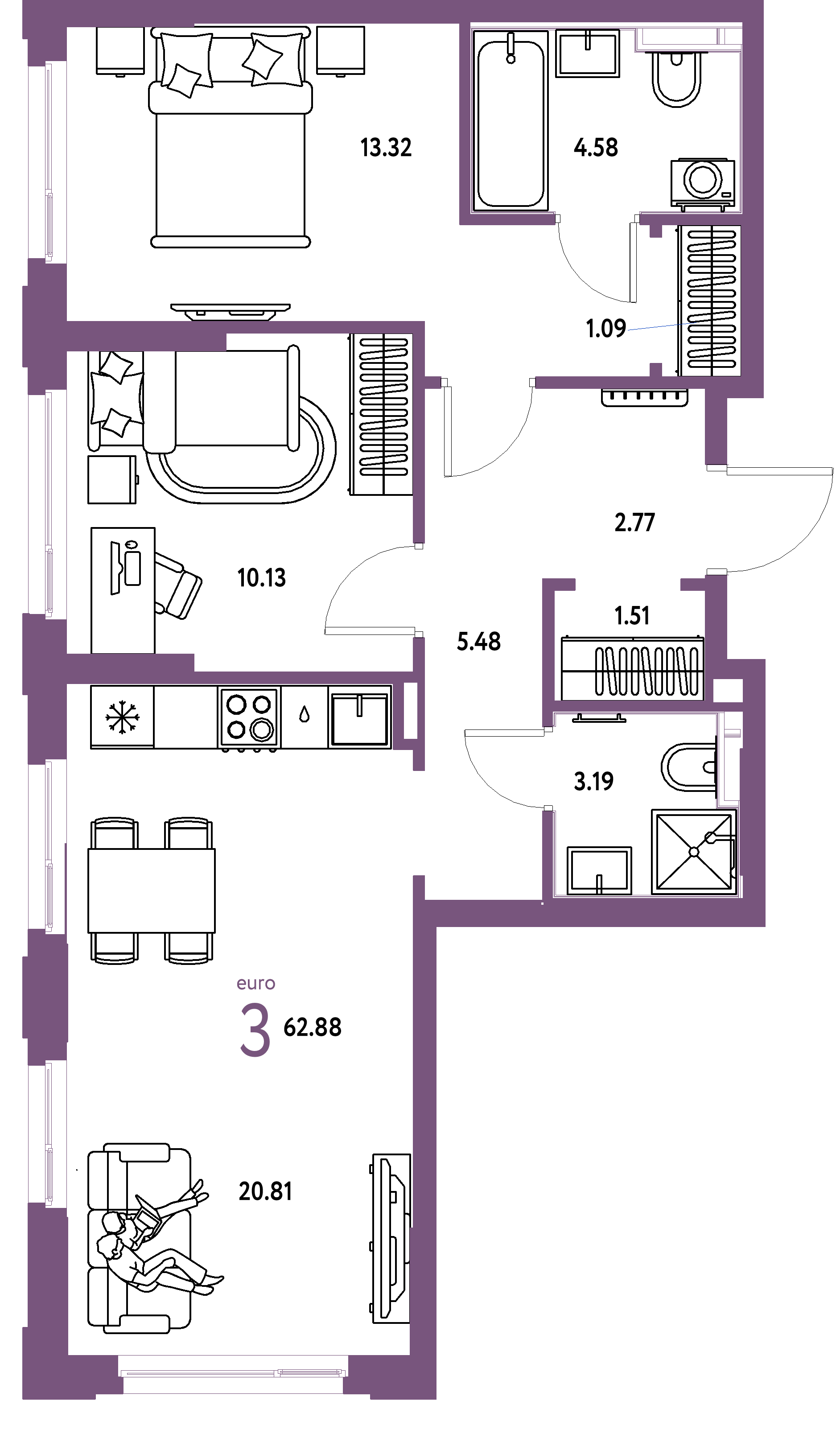 ЖК "Сердце Сибири"-3-комнатная 62.88 м²
