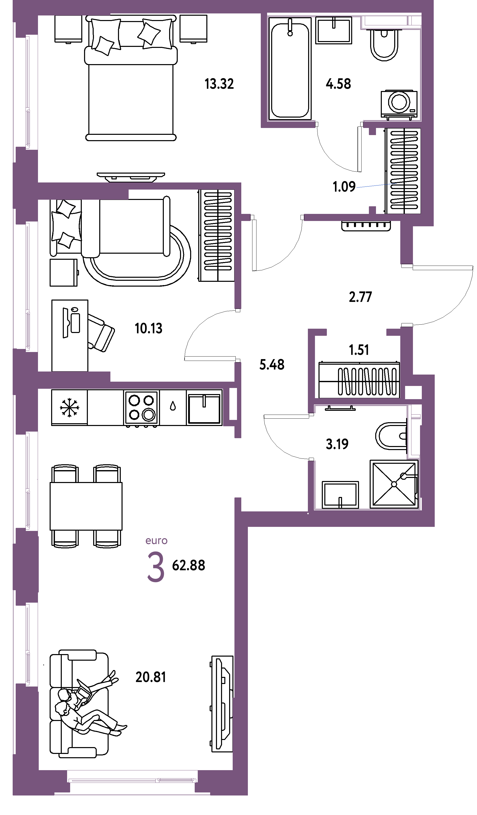 ЖК "Сердце Сибири"-3-комнатная 62.88 м²