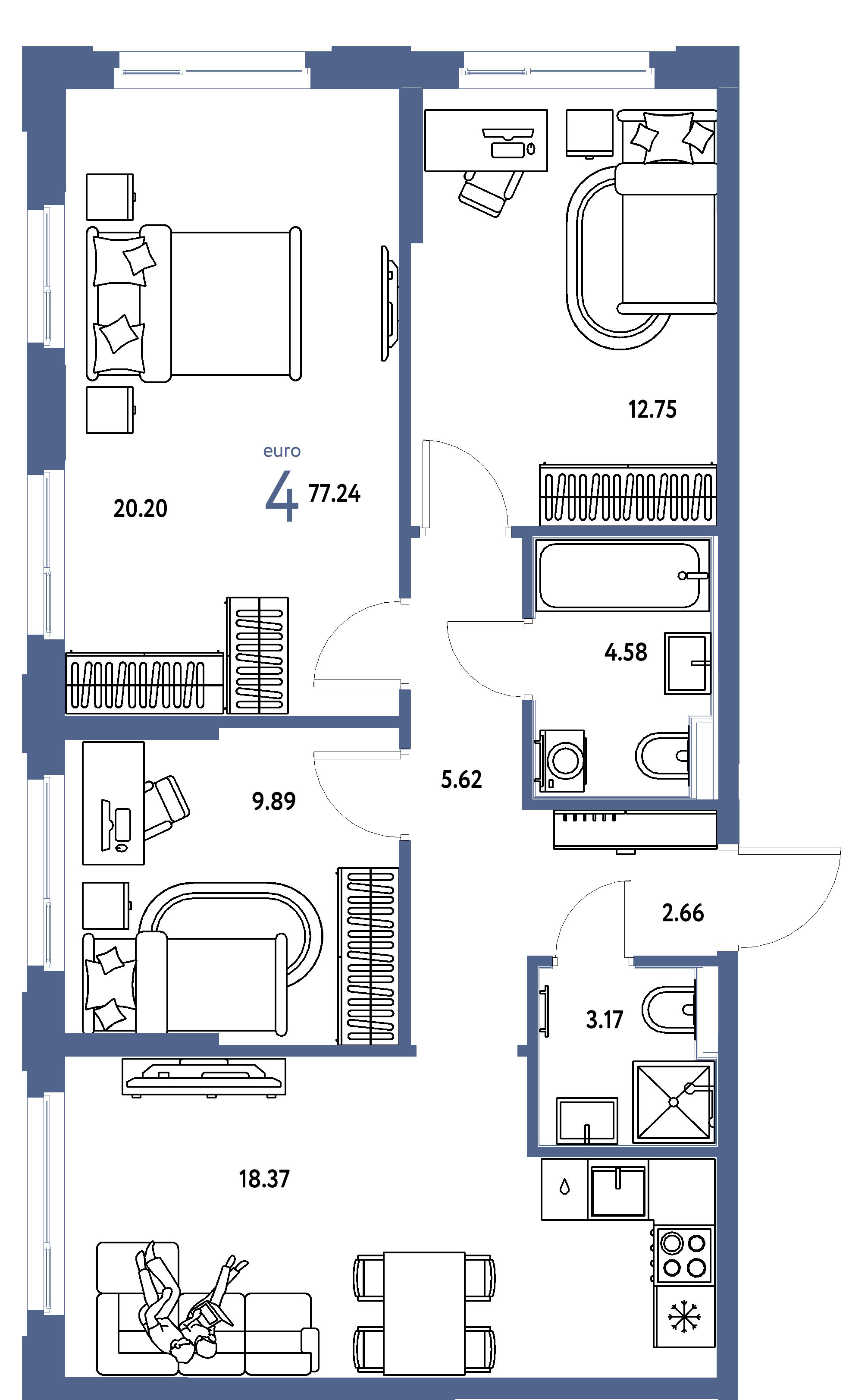 ЖК "Сердце Сибири"-4-комнатная 77.24 м²