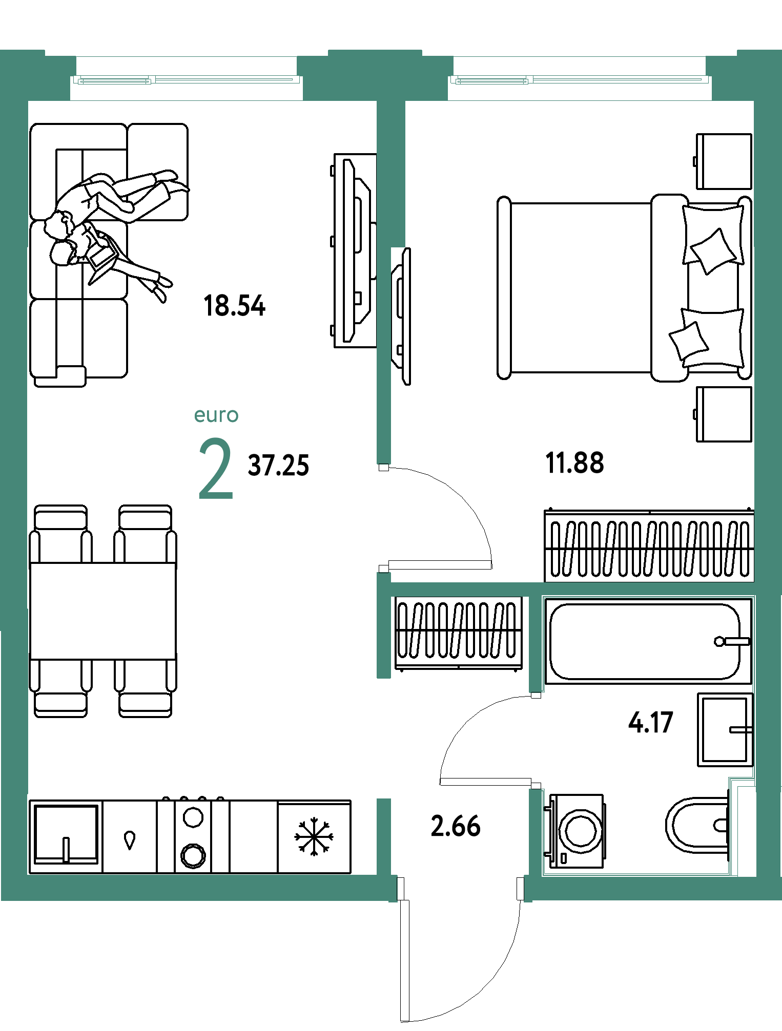 ЖК "Сердце Сибири"-2-комнатная 37.25 м²