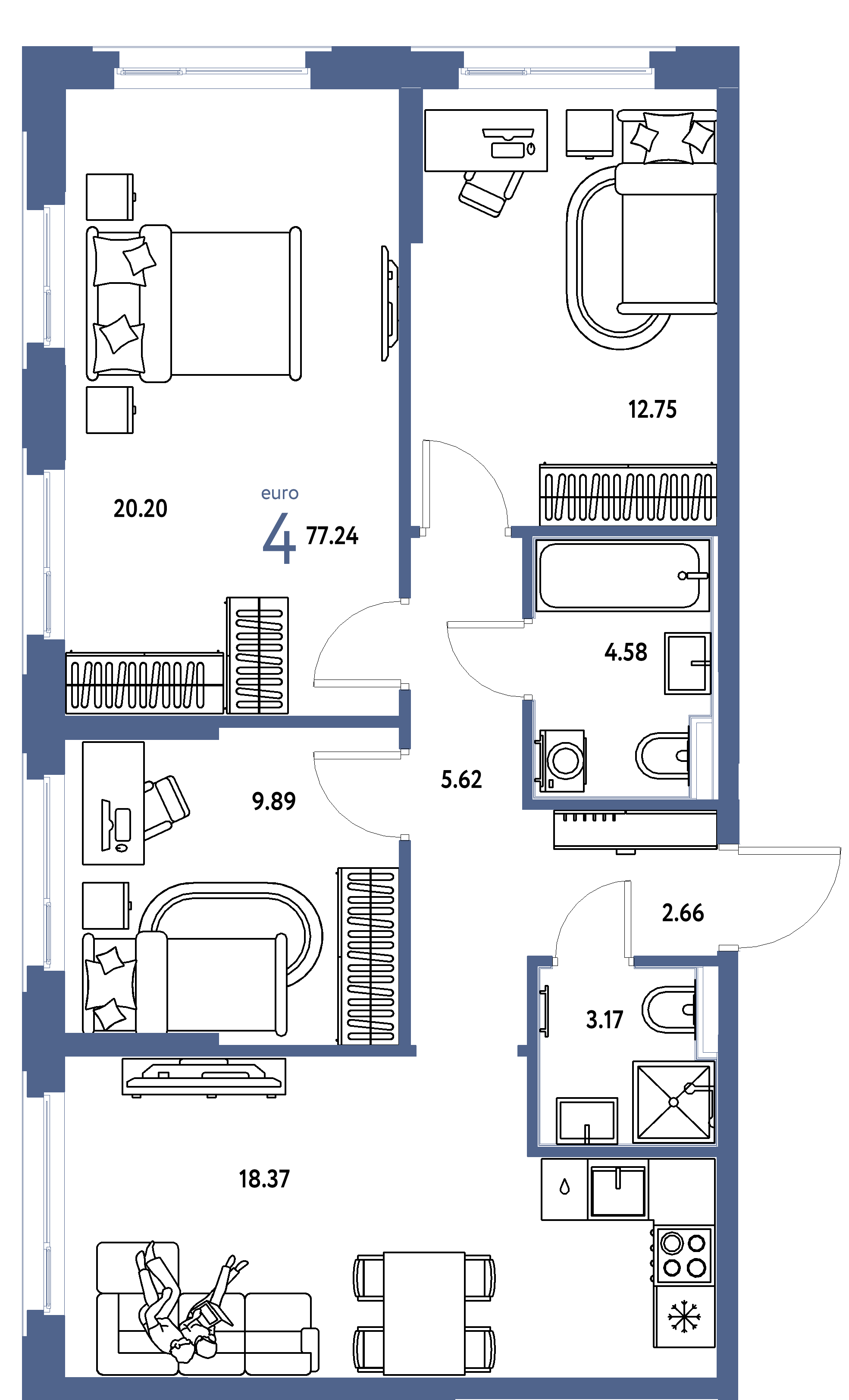 ЖК "Сердце Сибири"-4-комнатная 77.24 м²