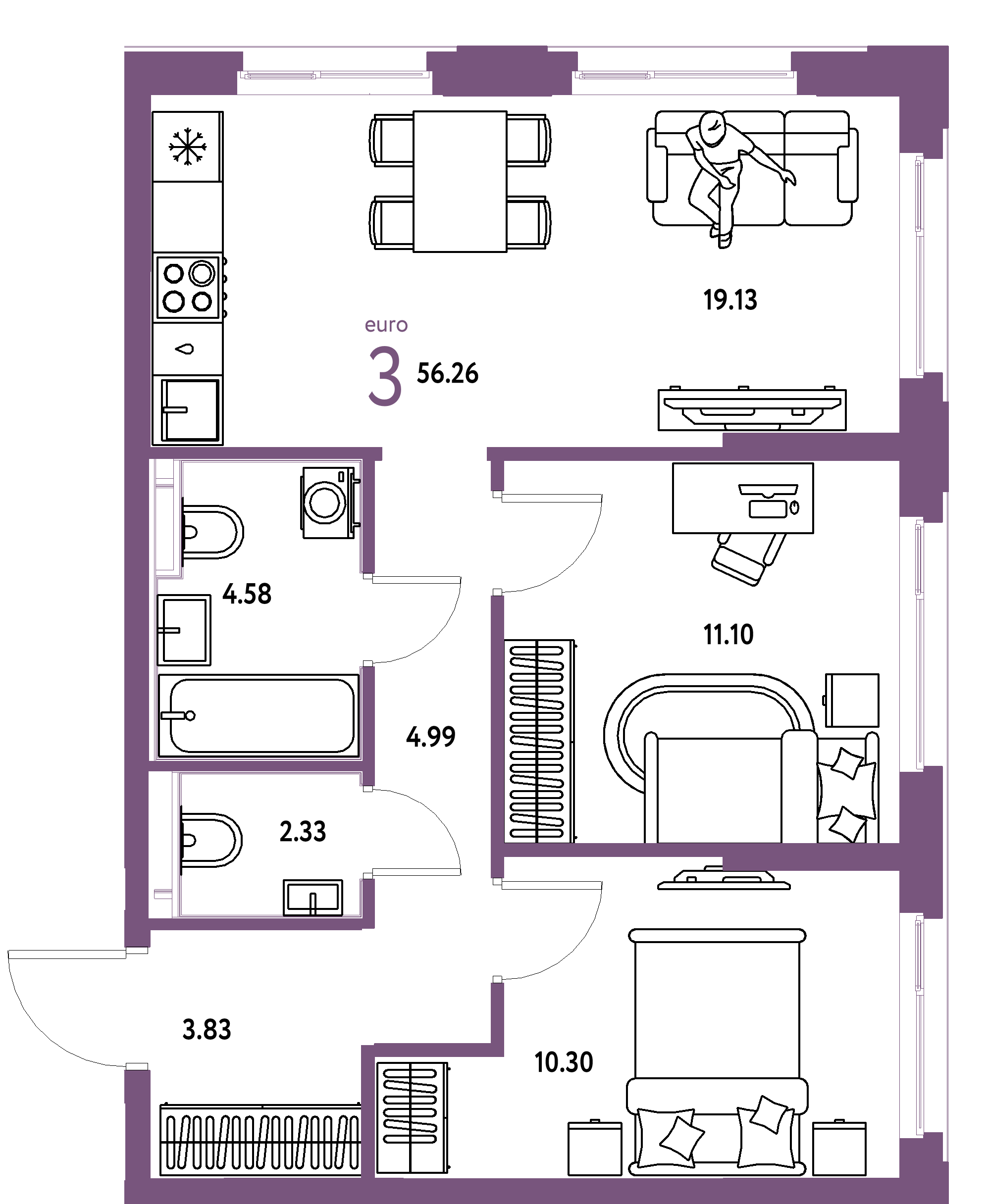 ЖК "Сердце Сибири"-3-комнатная 56.26 м²