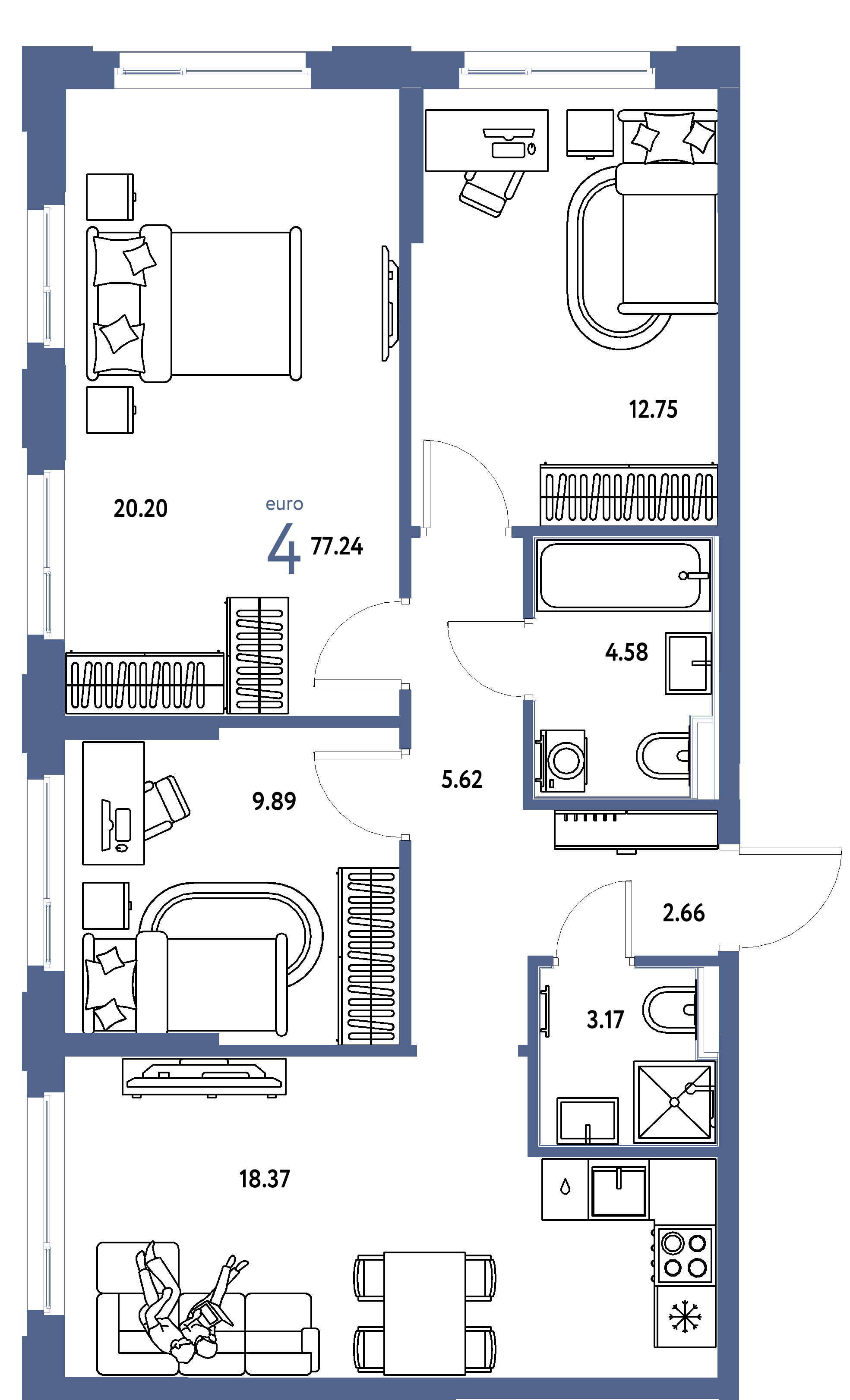 ЖК "Сердце Сибири"-4-комнатная 77.24 м²